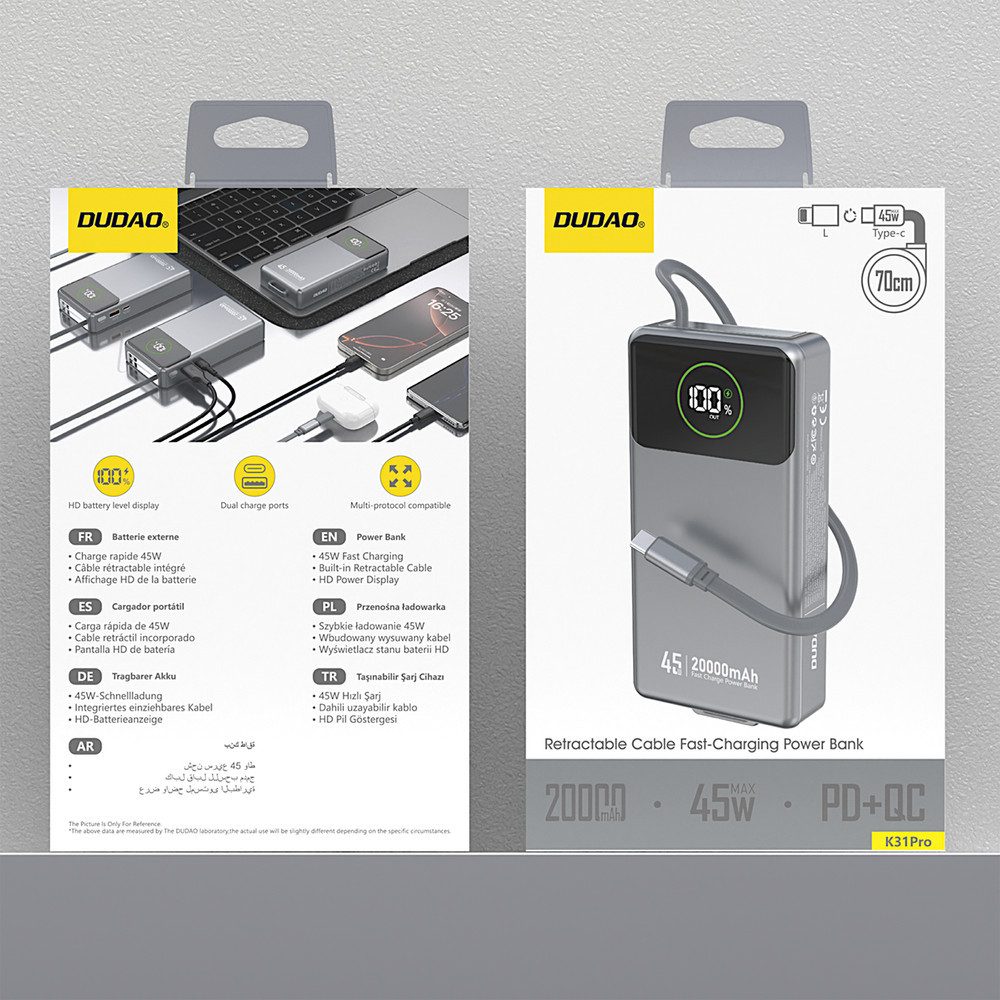Dudao Akkupack Turbolader Powerbank 20000 mAh (1 St), 45W Schnellladung, Dual-Ausgang, LED-Anzeige, 20.000 mAh