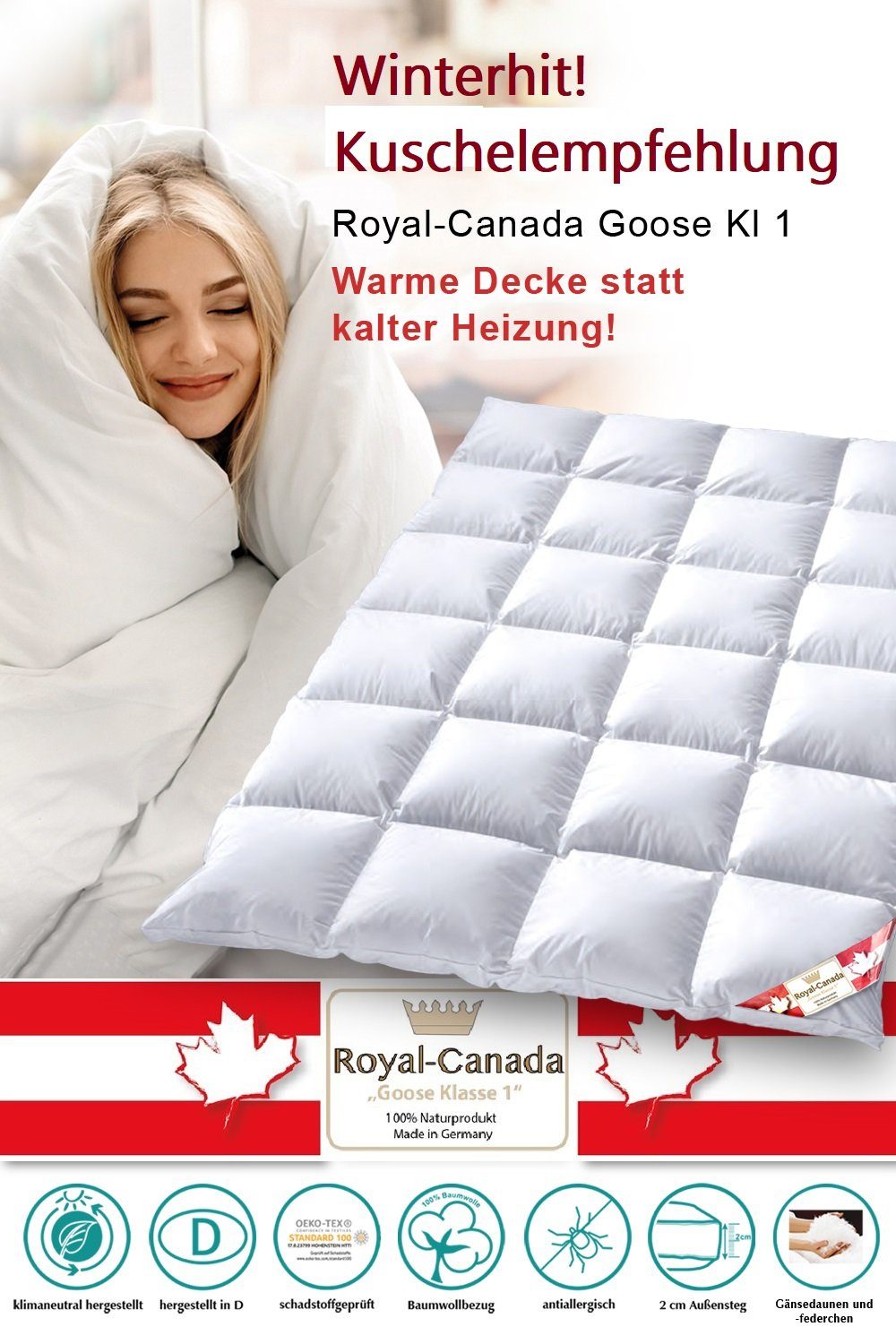 Gänsedaune Goose Wohlige Gänsedaunenbettdecke Kassettendecke, sorgt angenehmen Royal Traumland, Betten Winterdecke Canada für Gänsedaunenbettdecke, Plus Aussensteg Wärme Schlaf