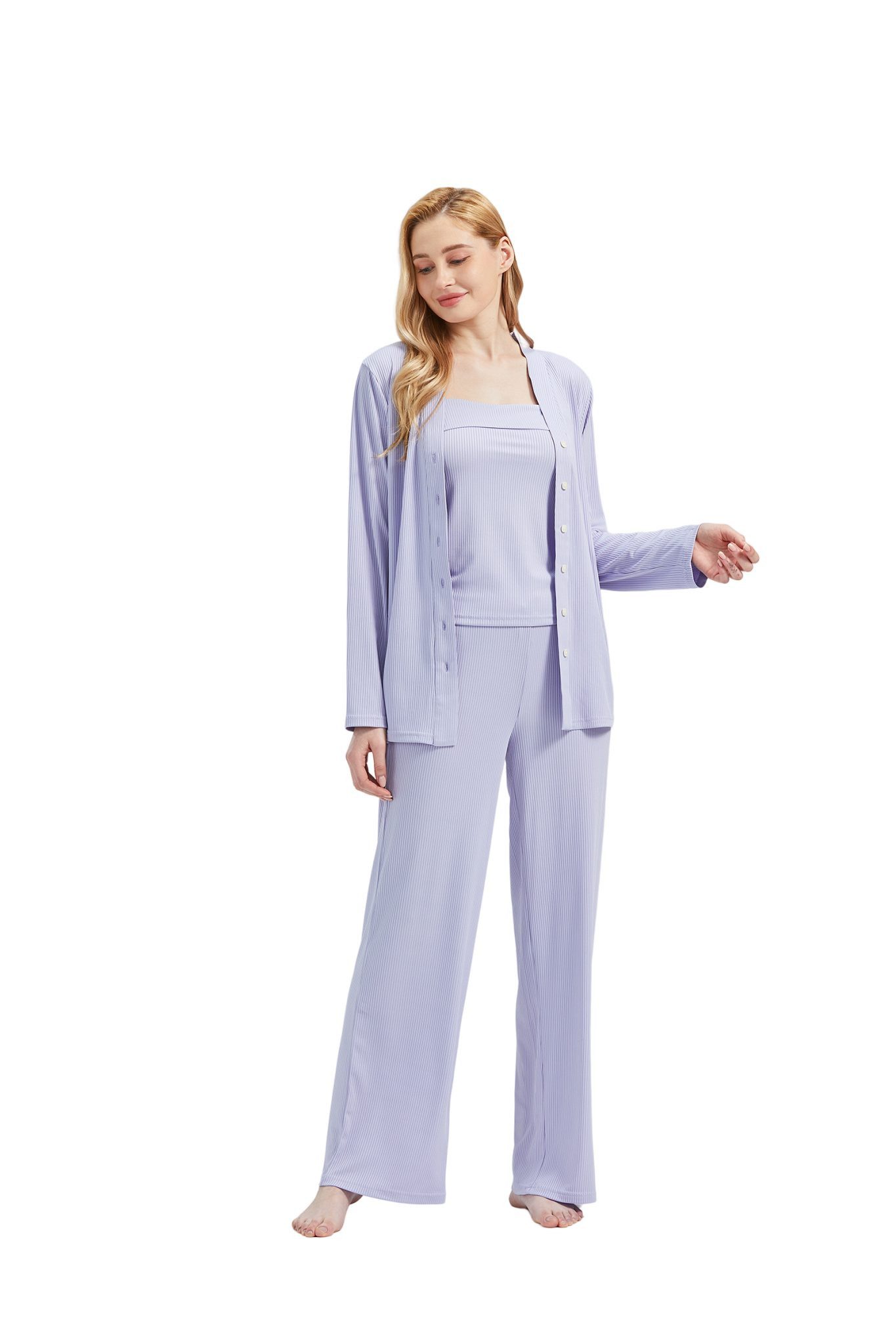 M-Diamant Schlafanzug Damen Pyjama-Set Damenwäsche V-Ausschnitt 3 teilig (Set, 3 tlg) 3-teiliges Set: Jacke mit V-Ausschnitt und Knöpfen, Trägertop und Hose