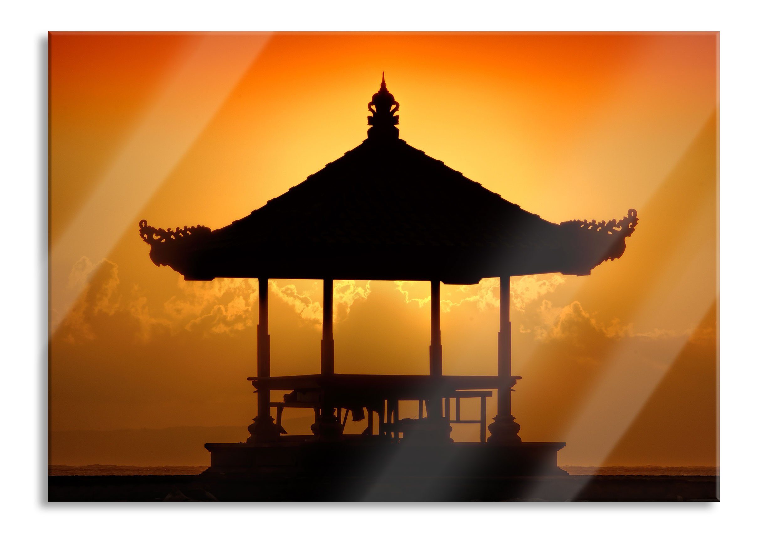 aus Pixxprint Abstandshalter Bali in und inkl. Bali Pagode Sonnenuntergang St), Sonnenuntergang, Echtglas, (1 Glasbild im Pagode im Glasbild Aufhängungen in