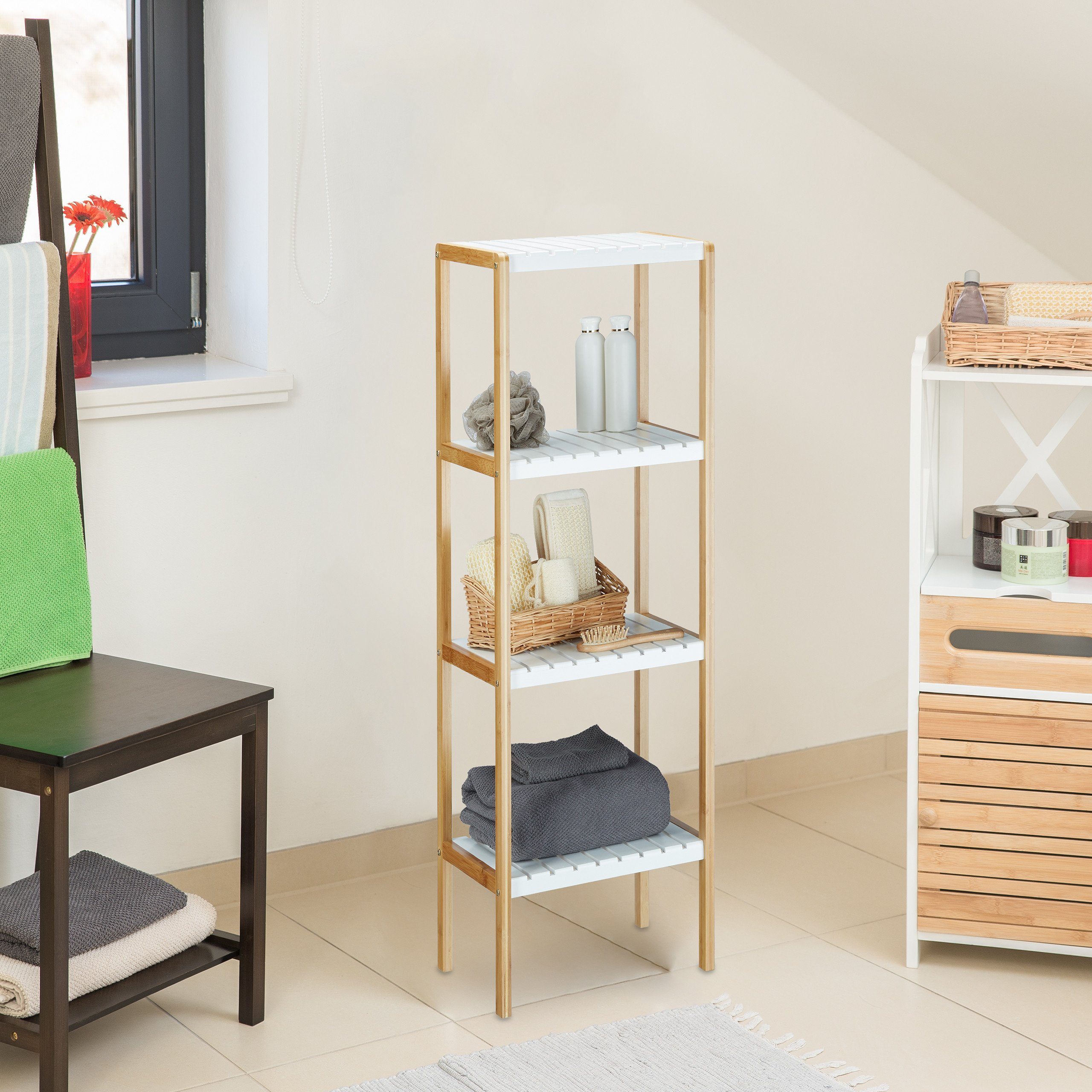 relaxdays Standregal Regal Bambus mit 4 Ablagen, Stehregal, Bodenregal