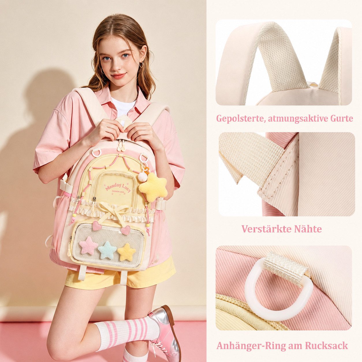 nsihing Kinderrucksack Kawaii Rucksack Mädchen mit Transparentem Fach & Stern Anhänger, Ästhetischer Rucksack für Mädchen, Schule, Alltag & Freizeit
