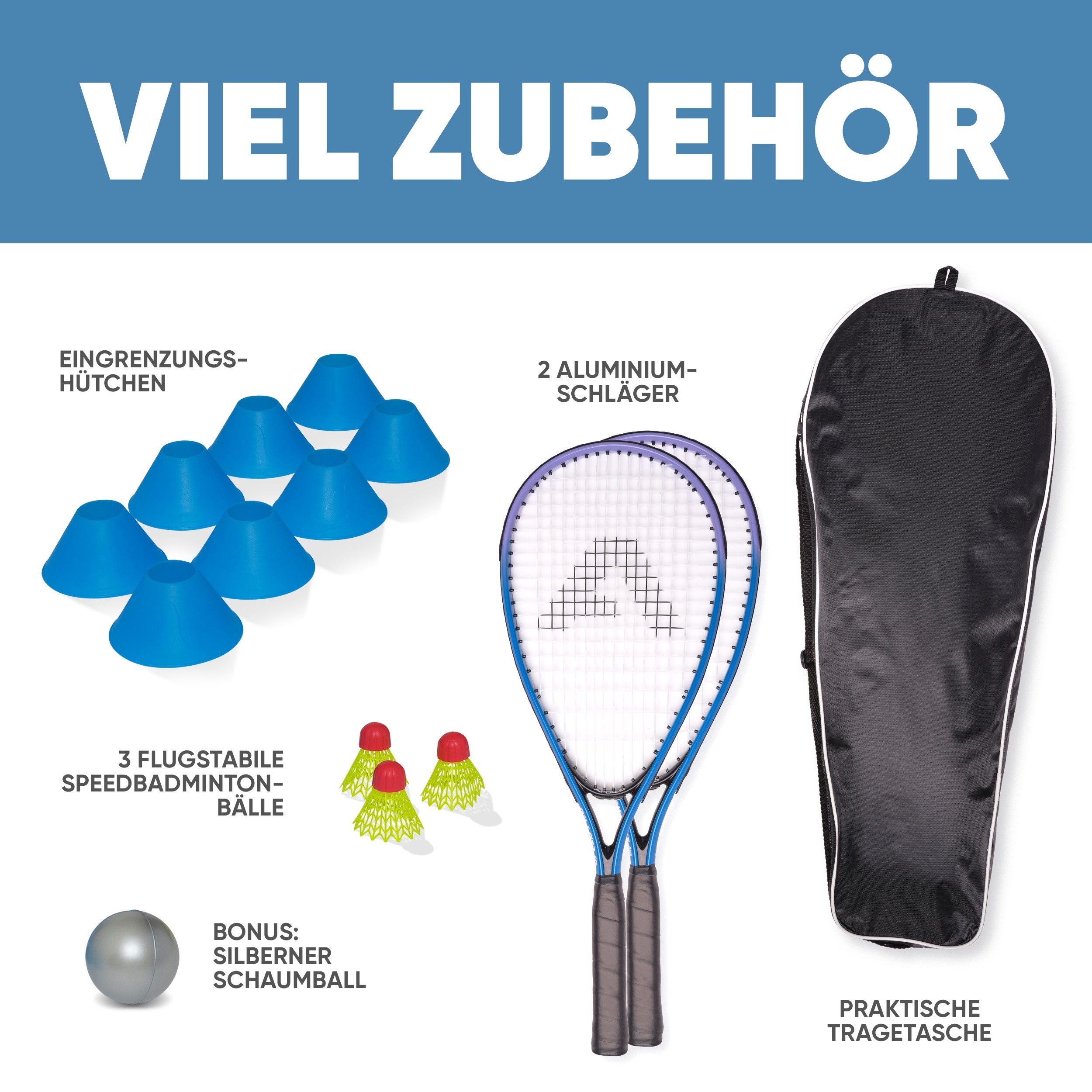 Apollo Speed-Badmintonschläger Badminton Schläger Set Kinder Speed Pro, (Set, inkl. Tragetasche, Federbällen, Schaumball und Hütchen), inkl. Tragetasche, Federbällen, Schaumball und Hütchen