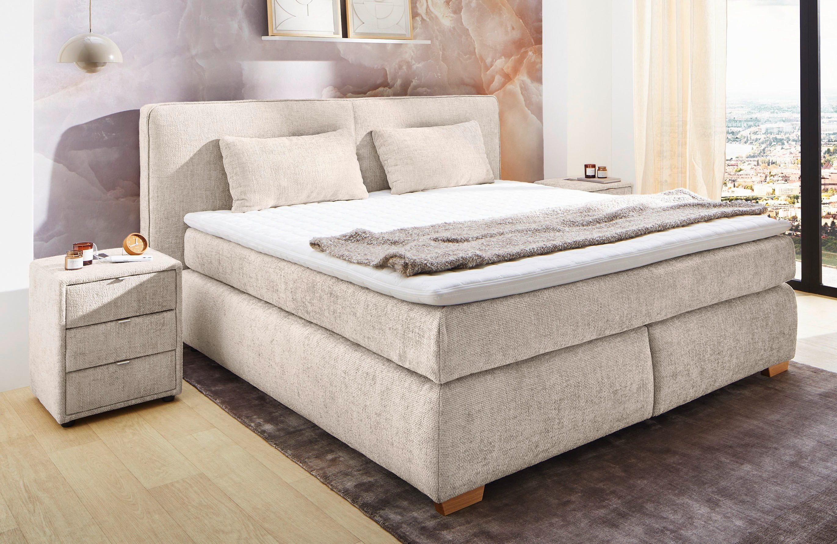Jockenhöfer Gruppe Boxspringbett Valentina in der Breite 180cm, beige, extra dickes Kopfteil mit Keder, 7-Zonen-TTFK-Matratzen, Visco-Topper, verschiedene Härtegrade wählbar