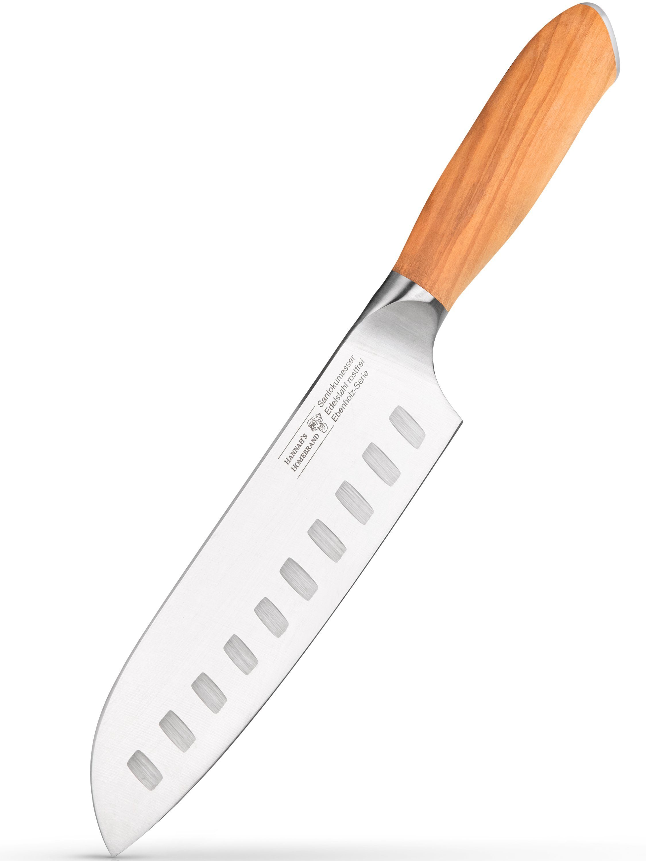 Hannah's Homebrand Santokumesser rostfreies Santokumesser & Sushi Messer aus Olivenholz, verblüffend scharf, rostfrei und langlebig (18 cm Klinge)