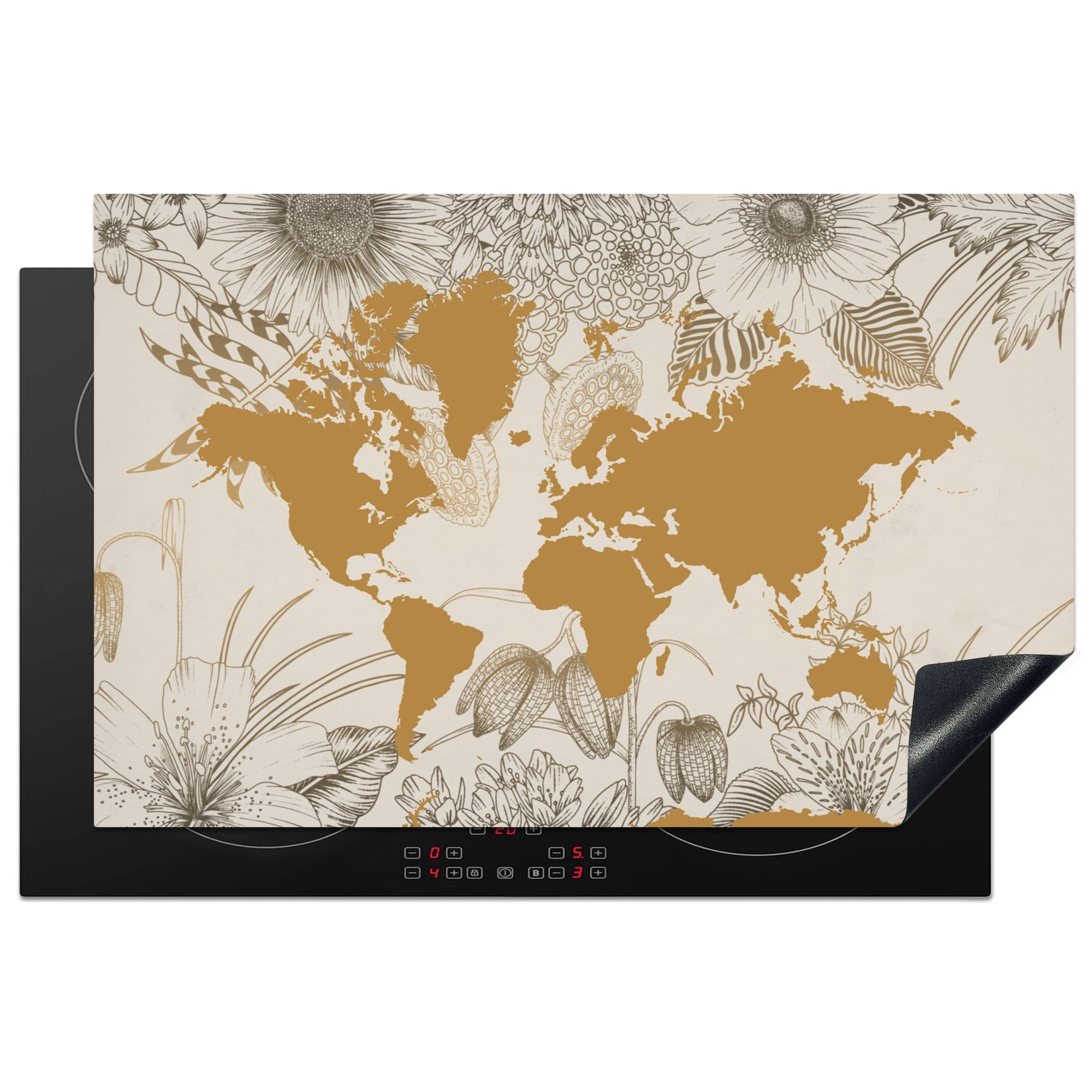 MuchoWow Herdblende-/Abdeckplatte Weltkarte - Gold - Blumen, Vinyl, (1 tlg), 81x52 cm, Induktionskochfeld Schutz für die küche, Ceranfeldabdeckung