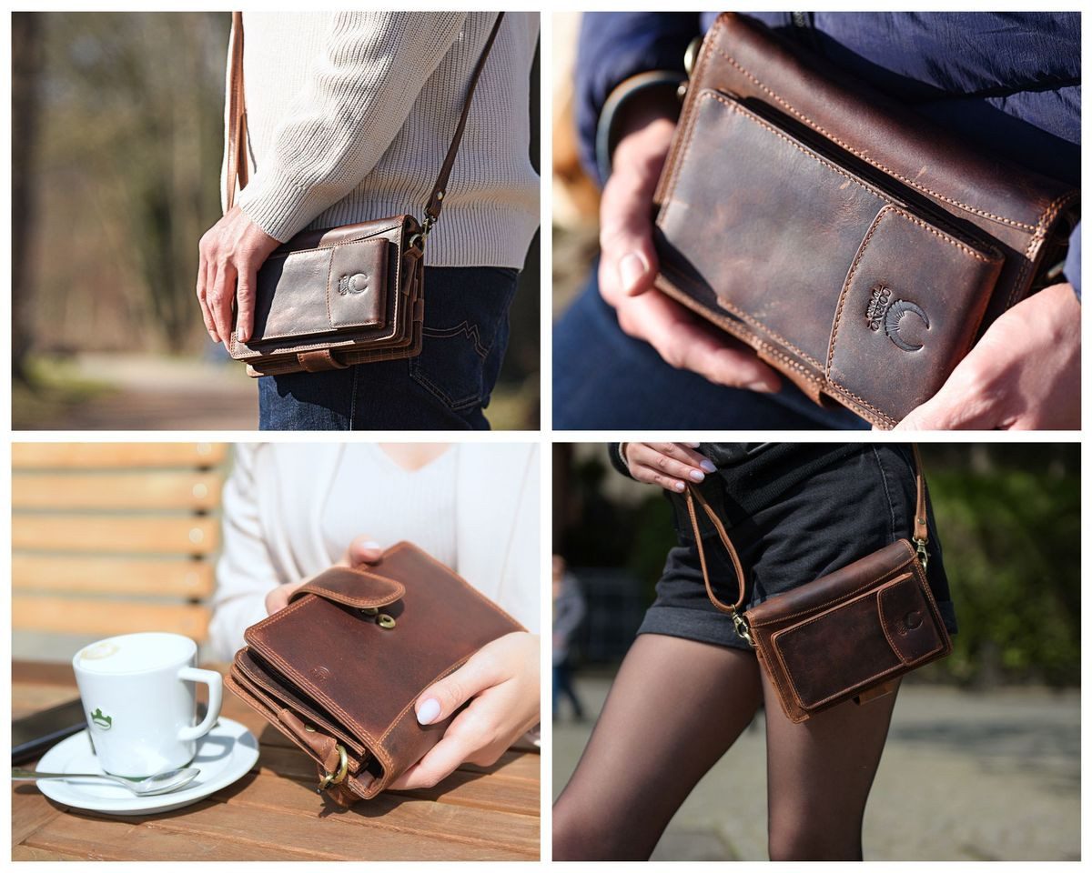 Corno d´Oro Handgelenktasche Herren Echtleder Handgemachte Umhängetasche RFID Schutz Vintage Braun, für Mini Tablet bis 8 Zoll; mit abnehmbarem Schultergurt