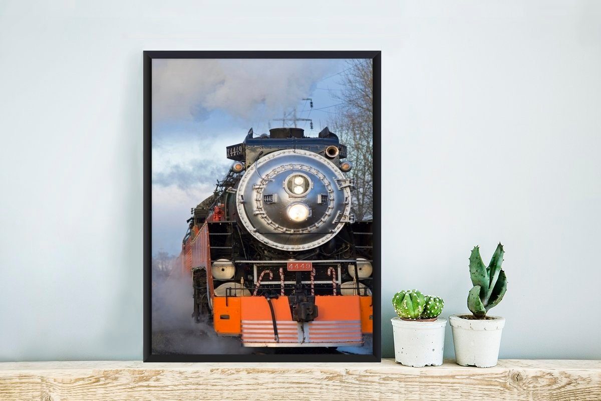 Poster Gerahmtes Poster, St), Dampflokomotive, Bilder, Wandposter, Frontansicht einer Schwarzem Wanddeko, Bilderrahmen (1 MuchoWow
