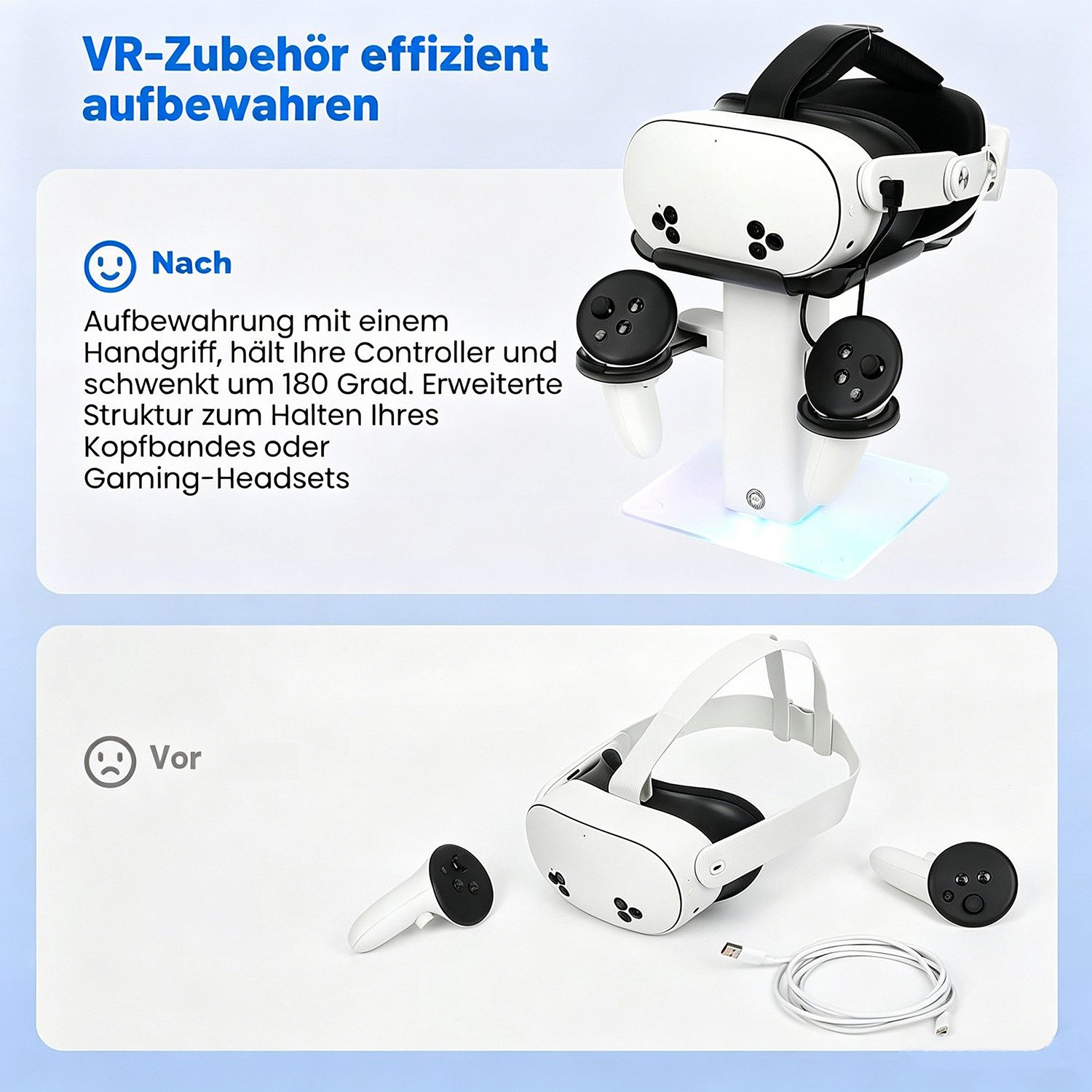 ibettertec Vertikaler RGB-Ladeständer, kompatibel mit Quest 3S/Quest 3 Zubehör Virtual-Reality-Headset (LED-Licht unten und Rutschfester Matte)