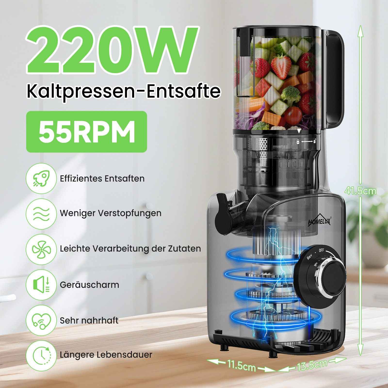 HOMELUX Entsafter Slow Juicer 126MM Öffnung für Ganze Gemüse Früchte mit 2 Tassen Bürste, 220 W, BPA-Frei, Hohe Saftausbeute, Erhalt der Nährstoffe