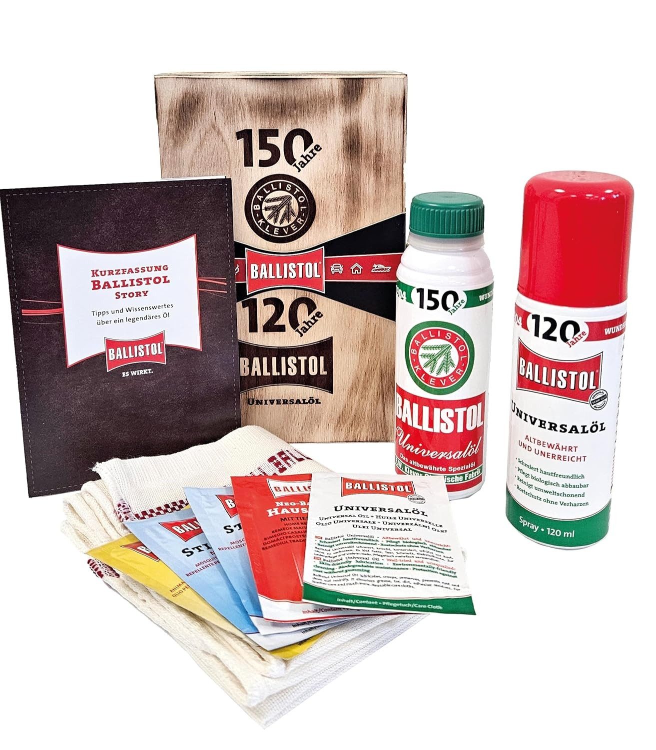 Ballistol Universalöl BALLISTOL Jubiläumsholzbox Universalöl 150 ml + 120 ml Spray, (Geschenkebox, mit 150 ml Universalöl, 120 ml Spray, Pflegetuch), Limitierte Holzbox mit Universalöl, Spray und Zubehör