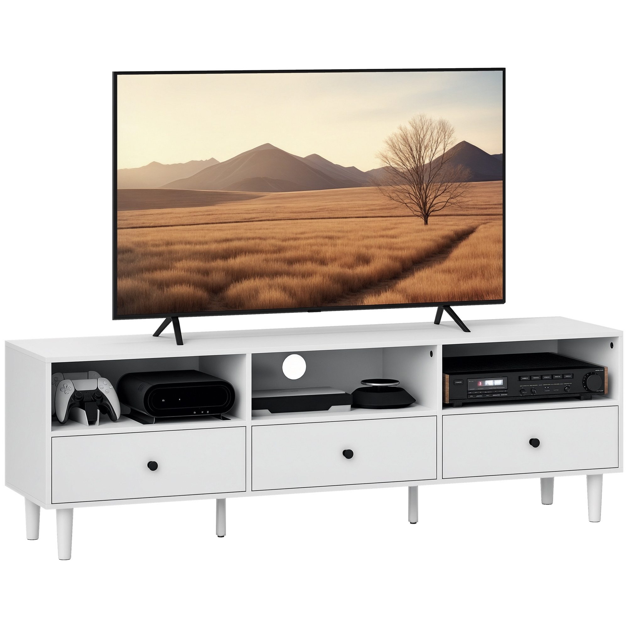 HOMCOM TV-Board TV Schrank mit Schubladen, 3 offenen Fächern (140 cm lang TV Kommode, 1 St., TV Lowboard mit Kabelmanagement), Fernsehtisch für Wohnzimmer Weiß 140 x 34 x 45 cm