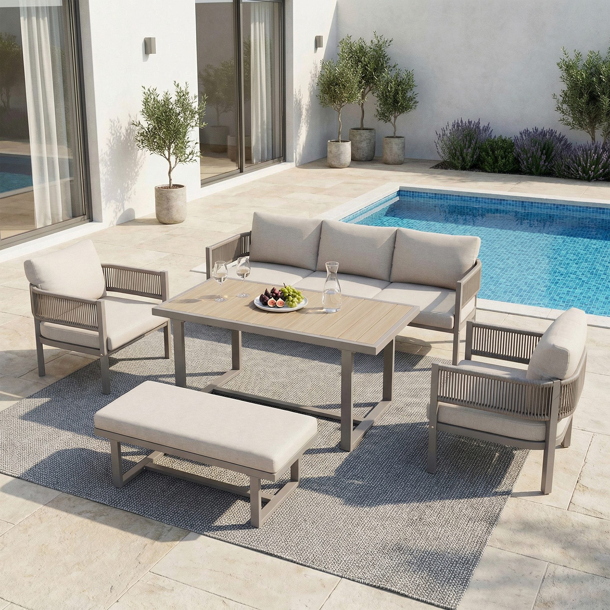 Flieks Gartenlounge-Set, 7-Sitzer Gartenmöbel Sitzgruppe PE-Geflechtseil Kunstholz-Tischplatte