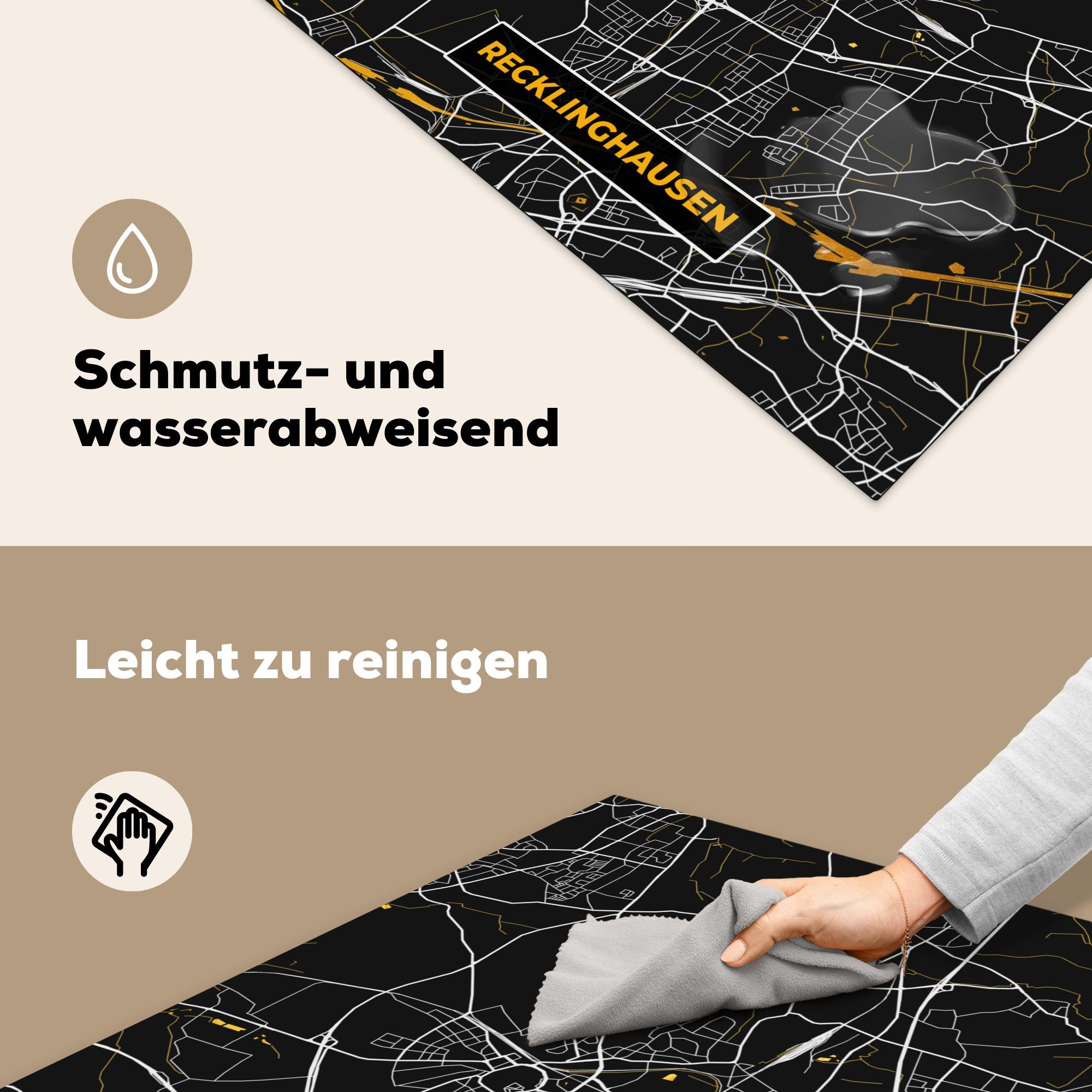 Vinyl, 78x78 Ceranfeldabdeckung, für cm, küche MuchoWow Deutschland tlg), und Stadtplan Gold Schwarz Herdblende-/Abdeckplatte - - - Karte, Recklinghausen (1 Arbeitsplatte -