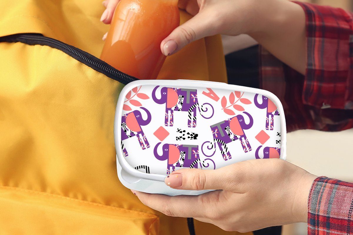 Brotdose, für (2-tlg), Mädchen Lunchbox MuchoWow für - - Erwachsene, Brotbox und Kinder Jungs Blätter Muster, - Lila weiß Elefanten und Kunststoff,