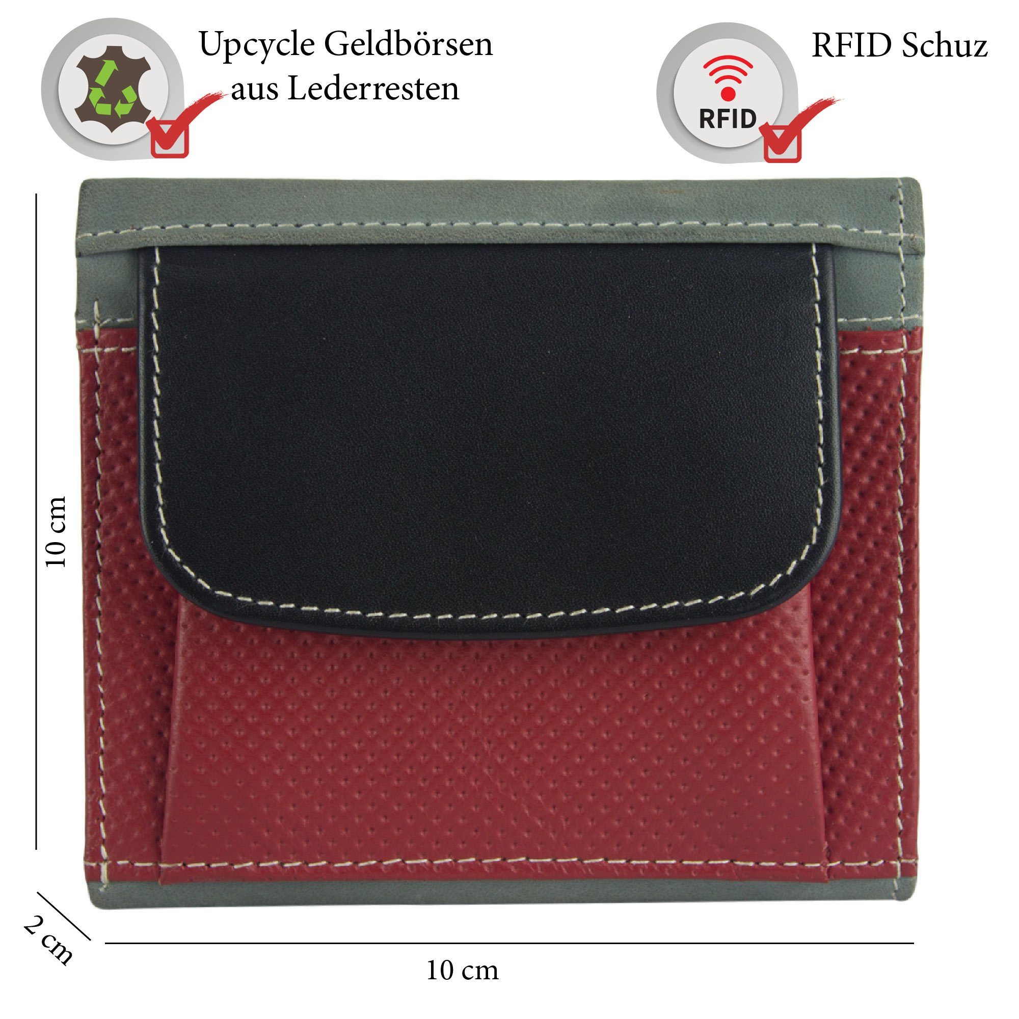 Sunsa Geldbörse echt Leder Geldbeutel Brieftasche klein Lederresten, grau/schwarz/rot Unisex aus recycelten echt RFID-Schutz, mit Damen, Leder, Portemonnaie