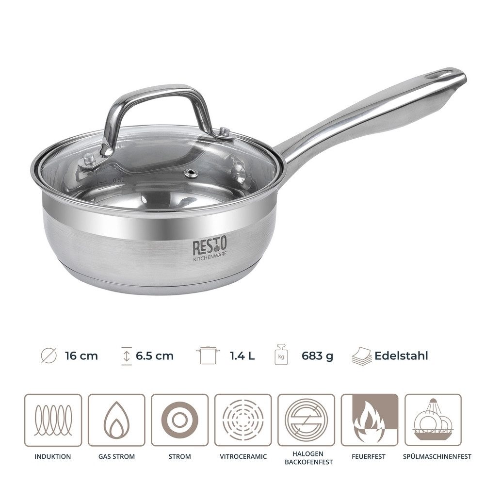RESTO Kitchenware Kasserolle Libra, Soßentopf 1,4 l, energiesparend und spülmaschinenfest, Edelstahl 18/10 (2-tlg), mit hitzebeständigem Glasdeckel und Griff