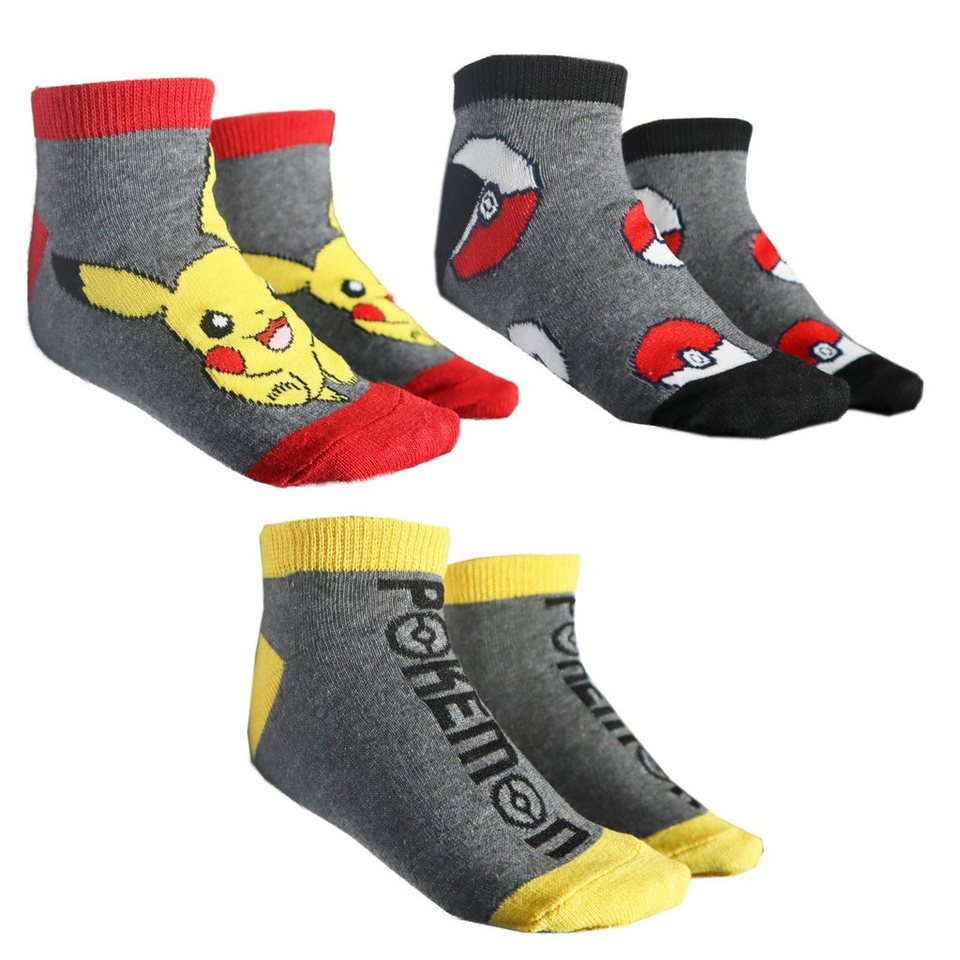 POKÉMON Kurzsocken Pokemon Pikachu Kinder Jungen Sneaker kurze Socken 3er  Pack Gr. 23 bis 34