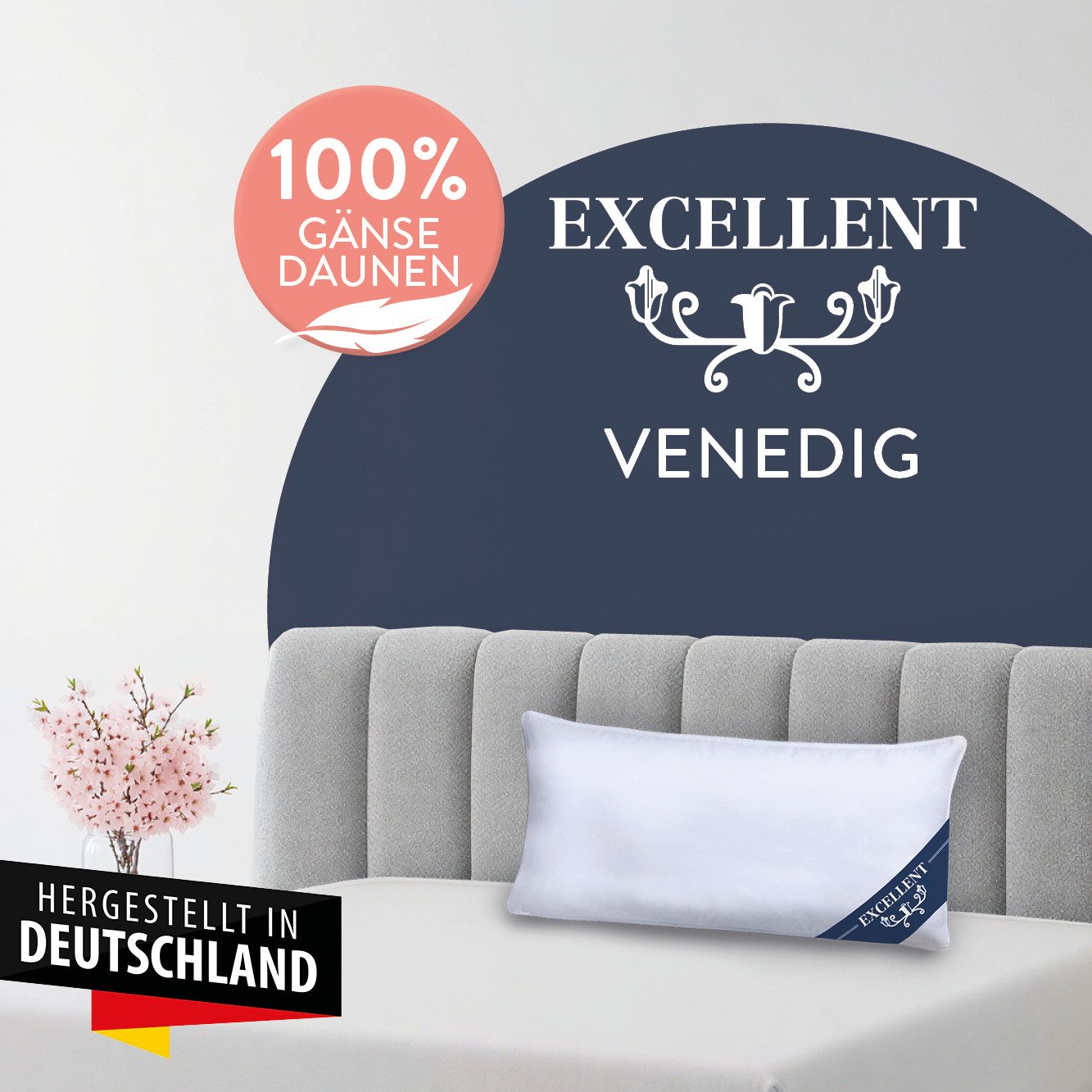 Excellent 3-Kammer-Kopfkissen Venedig, 3-Kammer-Kopfkissen Größenauswahl 40x40-80x80 cm, Füllung: weiße neue Gänsedaunen, Klasse I, 100% Daunen (Außen), weiße n – Bild 2 von 5