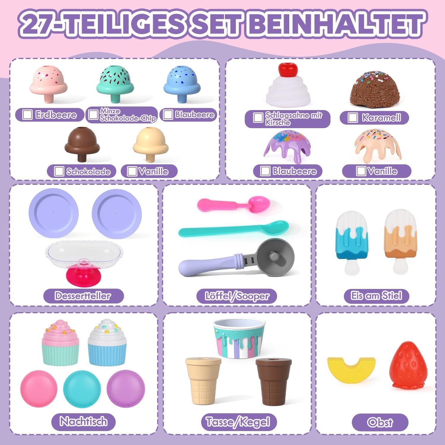 Lehoo Castle Kinder-Küchenset Lehoo Castle Eisdiele: Rollenspiel-Geschenk, ab 3 Jahren, (Rollenspiel-Eis Spielzeug, Eis Spielzeugset für kreatives Rollenspiel), Lernen und Spielen mit 27 Teilen.