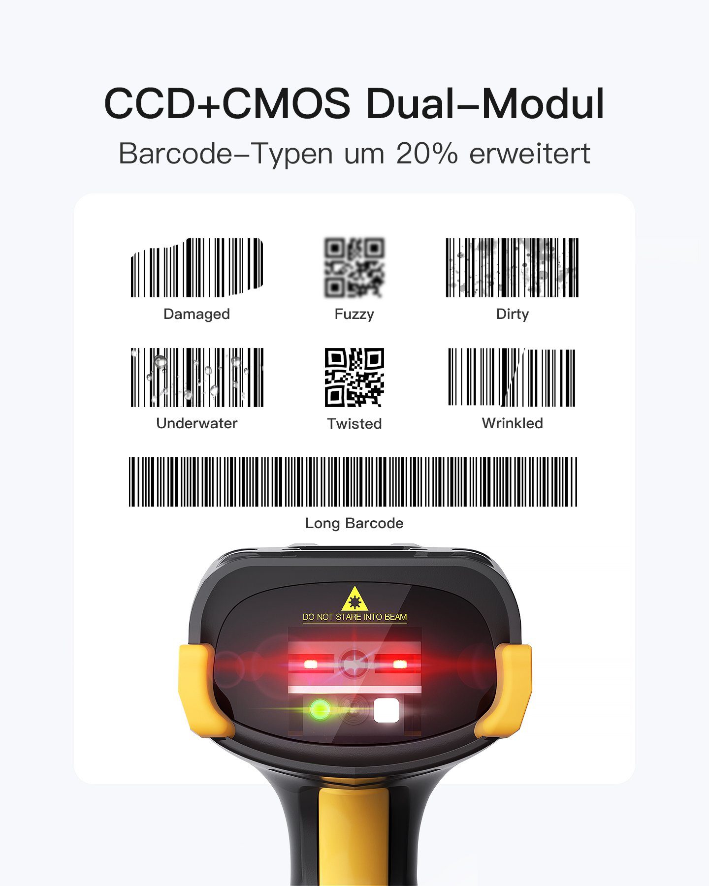 Inateck Kabelloser 2D/1D/QR-Code-Barcodescanner mit Display und Smart Base Handscanner, (CMOS CCD Dual - Modul, größerer Bereich, unterstützt App - SDK)
