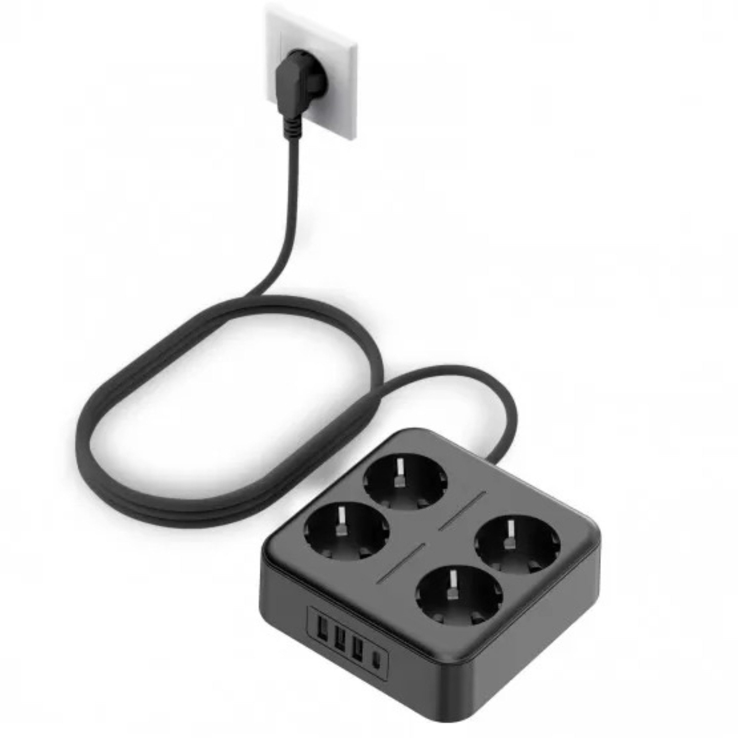 LaCute Mehrfachsteckdose 4x Schuko 5x USB (4A + 1C) 4000W Schutzfunktionen Mehrfachsteckdose 9-fach (Schuko-Steckdosen, USB-A, USB-C, Überspannungsschutz, Kurzschlussschutz, Überlastschutz, Kurzschlussschutz), Mehrfachsteckdose für Haus Büro, kompakt, robust, 4000 W 2 m Kabel