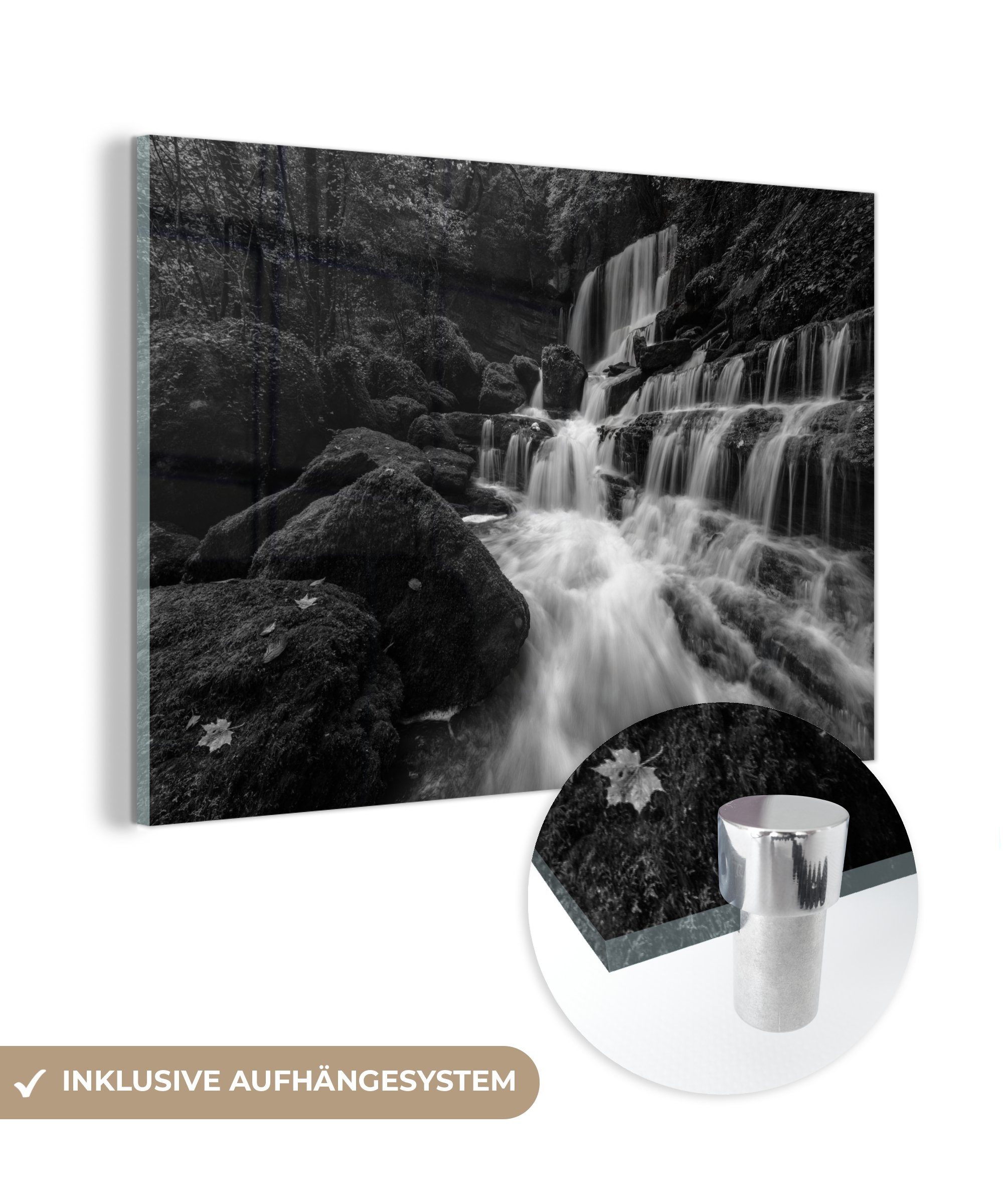 MuchoWow Acrylglasbild Frankreich - Schwarz - Weiß - Wasserfall, (1 St), Acrylglasbilder Wohnzimmer & Schlafzimmer