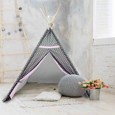 ECD Germany Spielzelt Tipizelt Teepee Kinderzelt Babyzelt Zelt Grau 115x115x160cm mit Fenster Sternen Rosa Türblenden