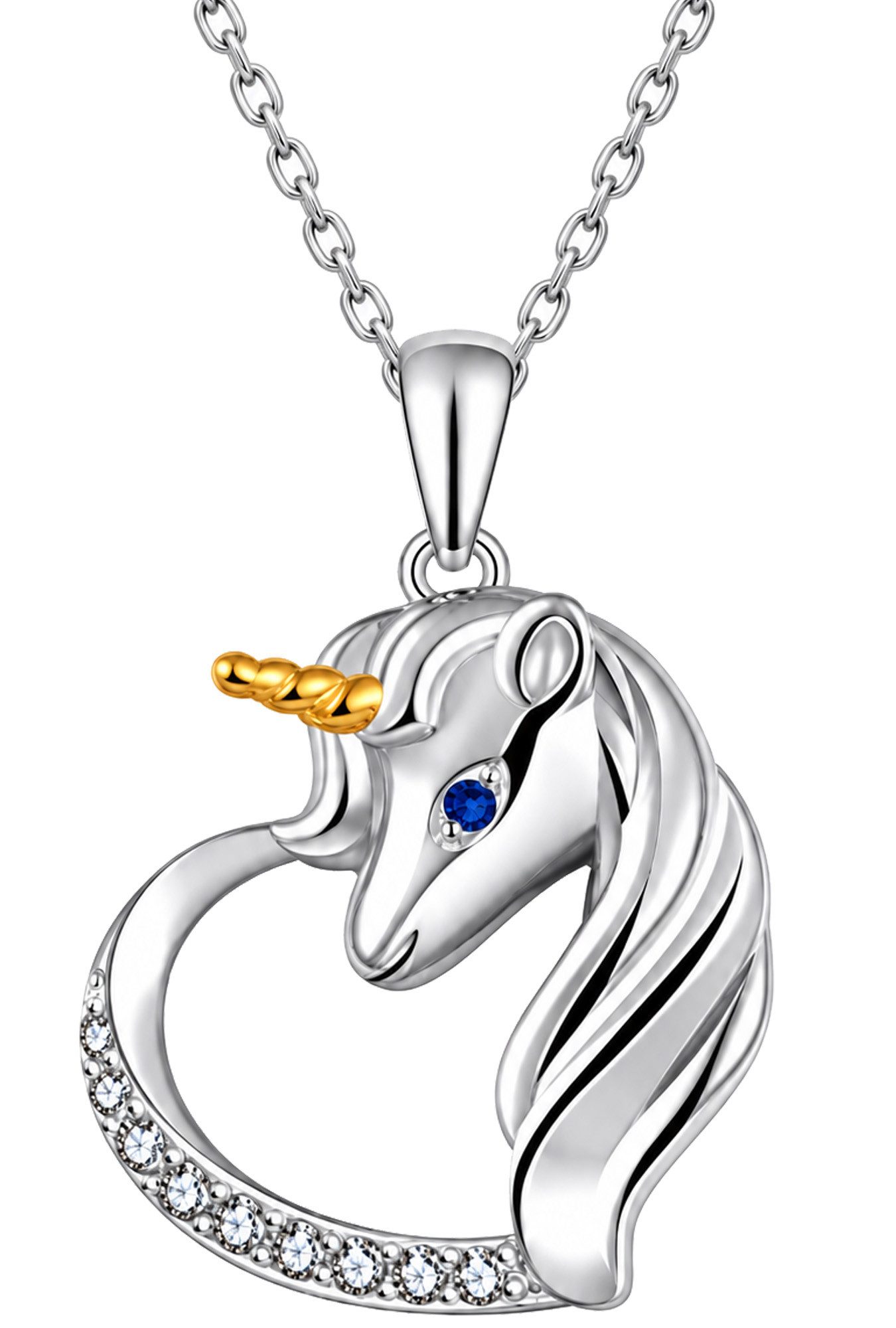 Limana Silberkette Kinderkette Mädchen 925 Silber Pferd Einhorn Herz mit Zirkonia (40 + 5 cm, 1,2 mm Stärke, Schmuckdose mit Herzgravur „Für Dich), pavébesetztes Tiermotiv, rhodiniert und fein gearbeitet