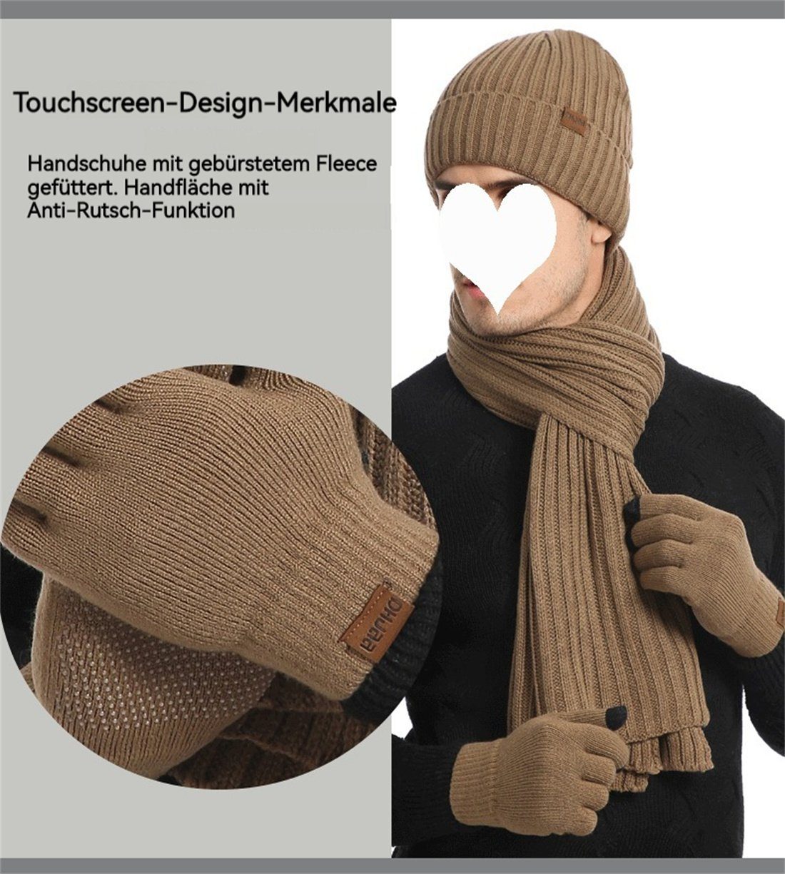 DÖRÖY Strickmütze Unisex Winter Rot Set Schal 3er Hut Farbe Solid Handschuhe Strickmütze