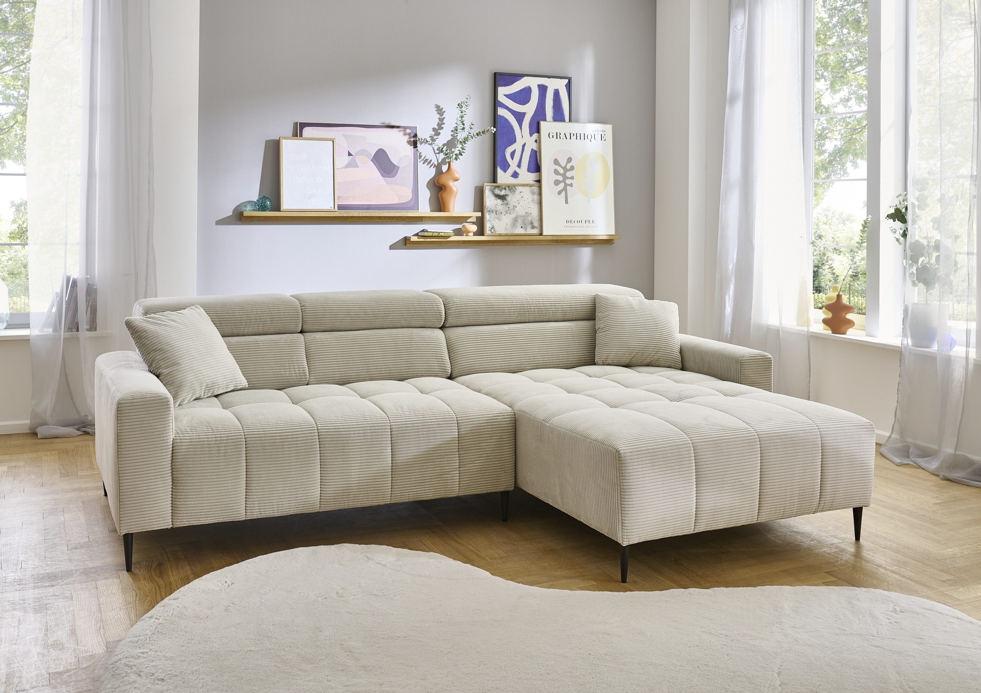 Iwaniccy Wohnlandschaft elektr. Sitztiefenverstellung, Cord taupe - 256x100x180cm (BxHxT)