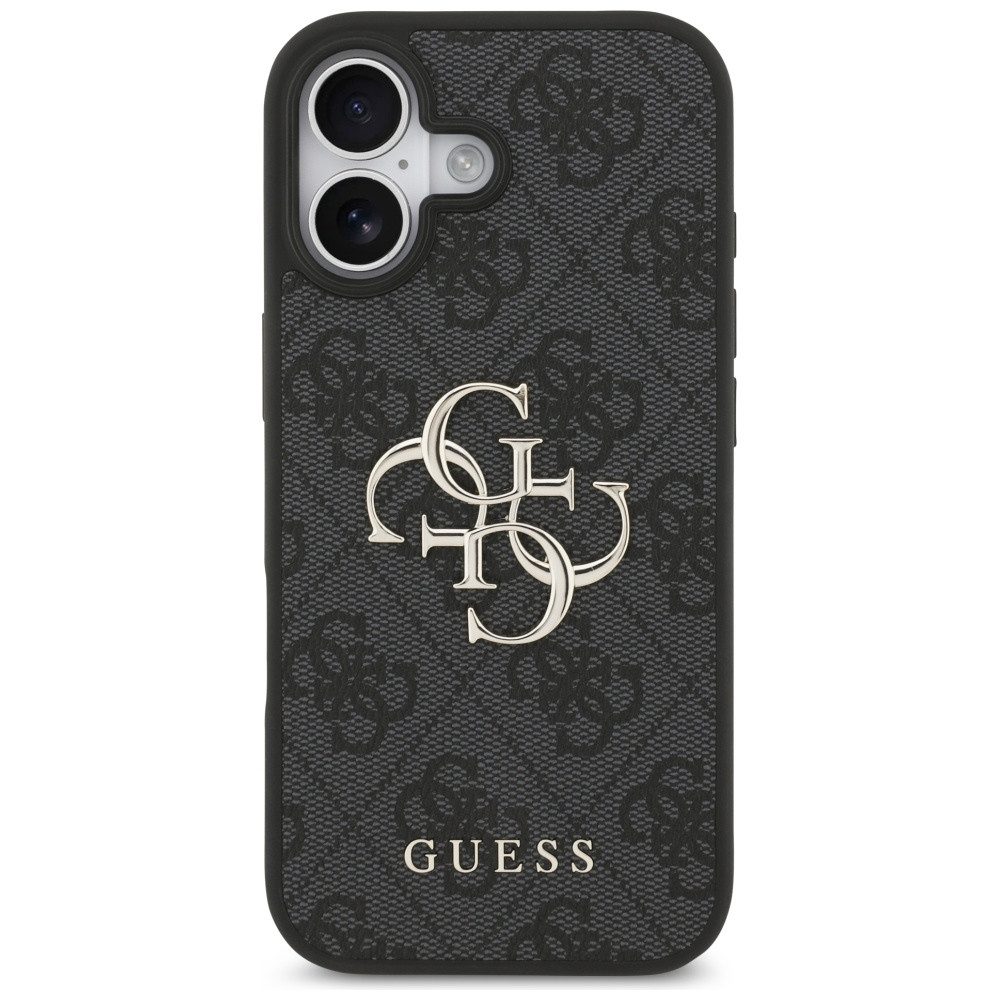 Guess Handyhülle iPhone 17 Kunstleder grau Big Logo Metall goldfarben 6,3 Zoll, Kantenschutz