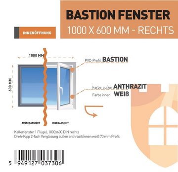 SN DECO GROUP Kellerfenster 1 Flügel, 1000x600, außen anthrazit/innen weiß, 70 mm Profil, (Set), RC2 Sicherheitsbeschlag, Hochwertiges 5-Kammer-Profil