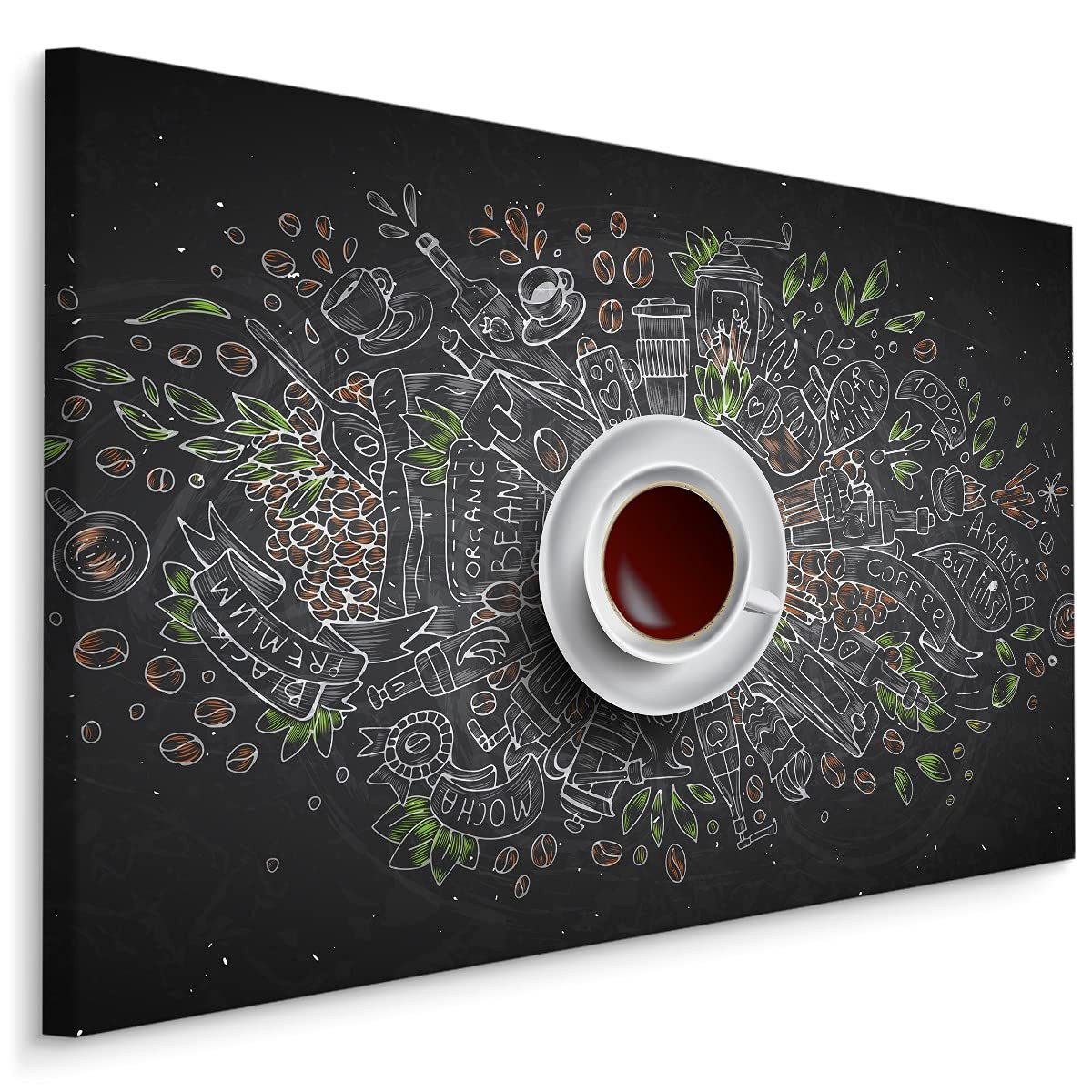Muralo Leinwandbild Küche – Leinwandbild Wandbild Kunstdruck Wohnzimmer, Küche (1 St), Kaffee – Tasse – Bohnen, 100 x 70 cm, aufhängefertig