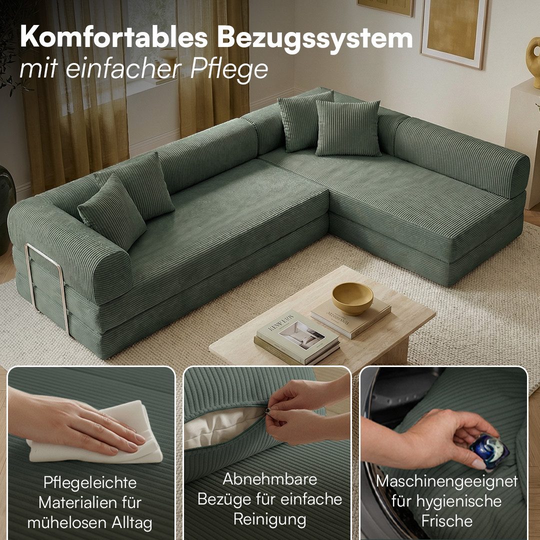 skølm Sofa & Sessel Lofn aus Vollschaum Cord, umwandelbar zum Schlafsofa/-Sessel, Dunkelgrün, Ecksofa 300 cm breit, 4 Sitzer, kein Aufbau erforderlich, vakuumie – Bild 5 von 5
