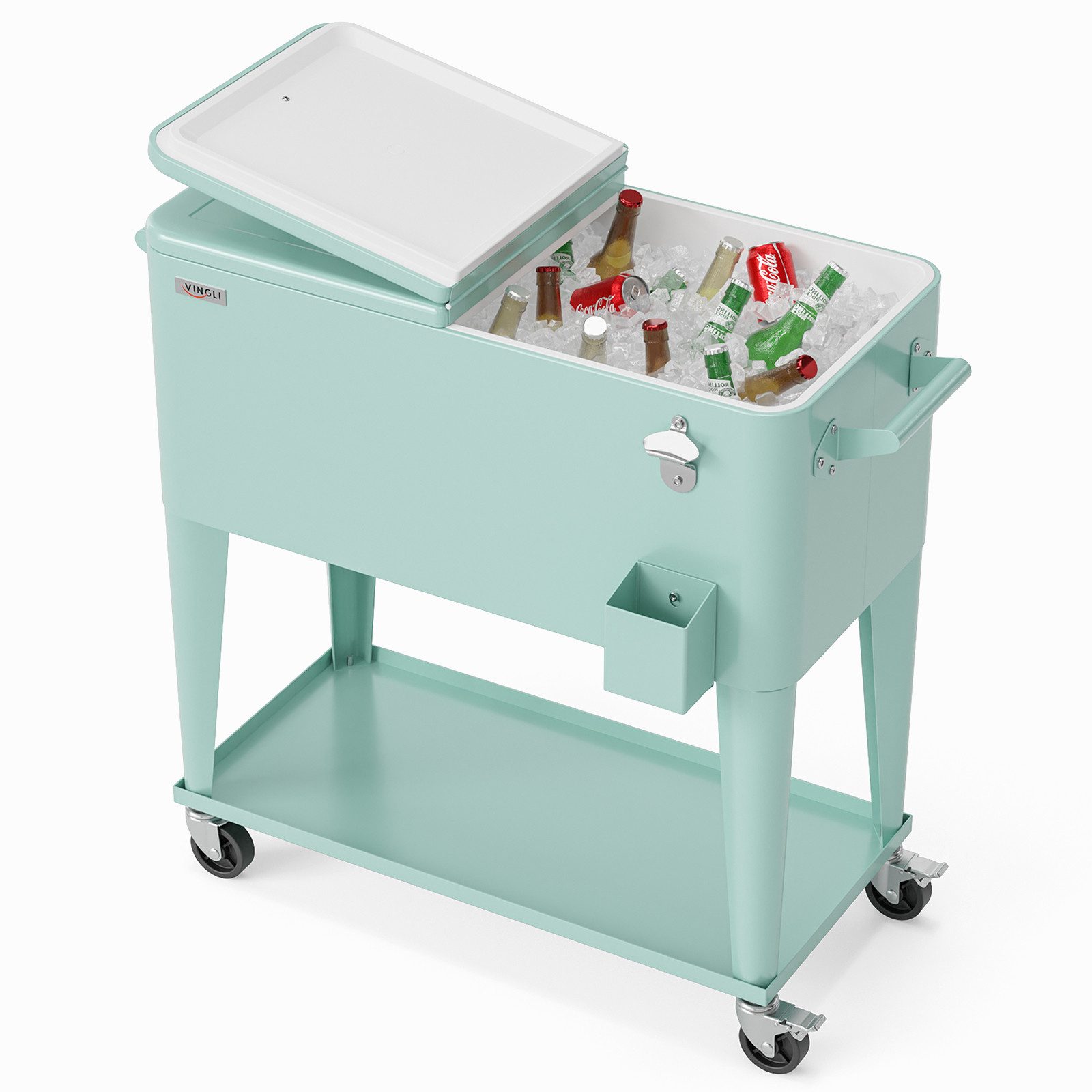VINGLI Trolley-Kühlbox 76L Kühlwagen mit Rollen, Getränkekühler mit Flaschenöffner, mit Ablage, Flaschenöffner, für Outdoor, 91 x 39 x 84 cm, Mintgrün