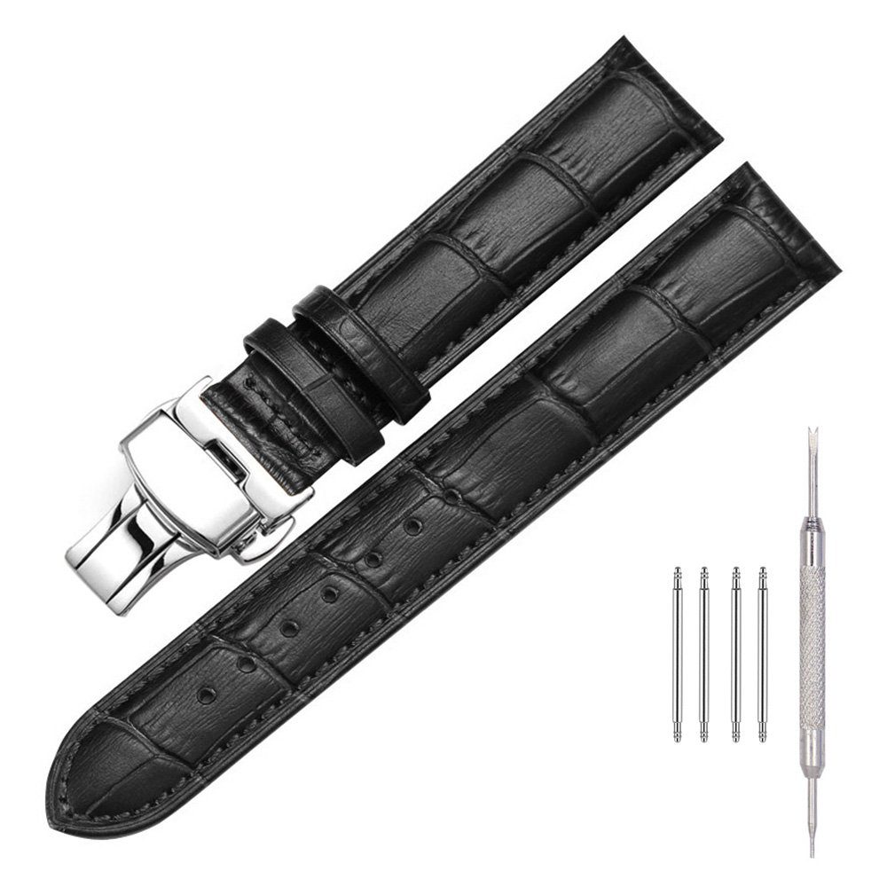 Sunicol Uhrenarmband Echtes Lederarmband, Vintage,18/20/22mm, weiches Leder, Ersatzbänder, Edelstahl-Schnalle, mit Box Schwarz