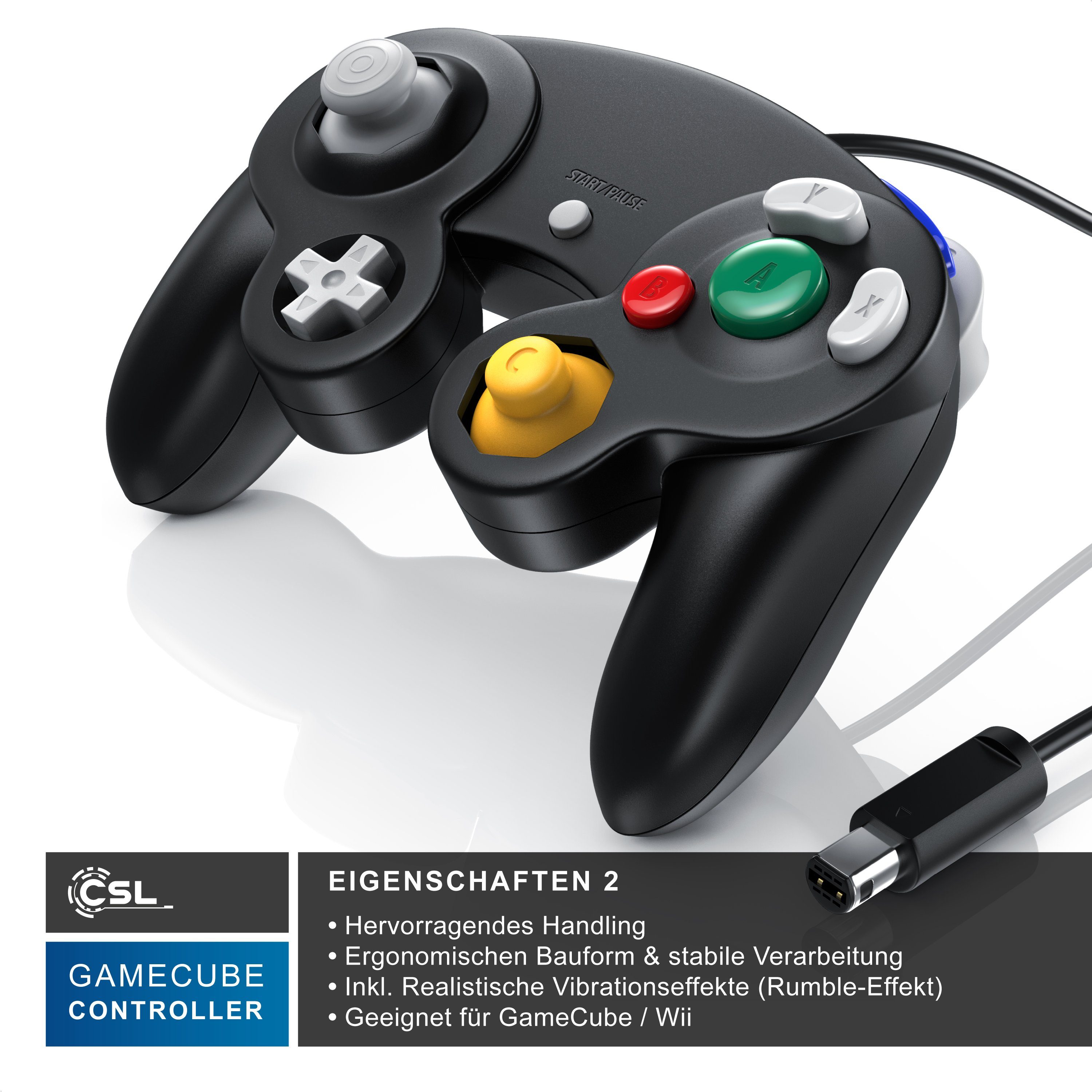 CSL Gamepad/ Joypad für Nintendo GameCube, Wii und Wii U, 1,5m Kabellänge Nintendo-Controller (1 St., Vibrationseffekt 5 Tasten 2 Analogtrigger, Steuerkreuz, Funktionstaste)