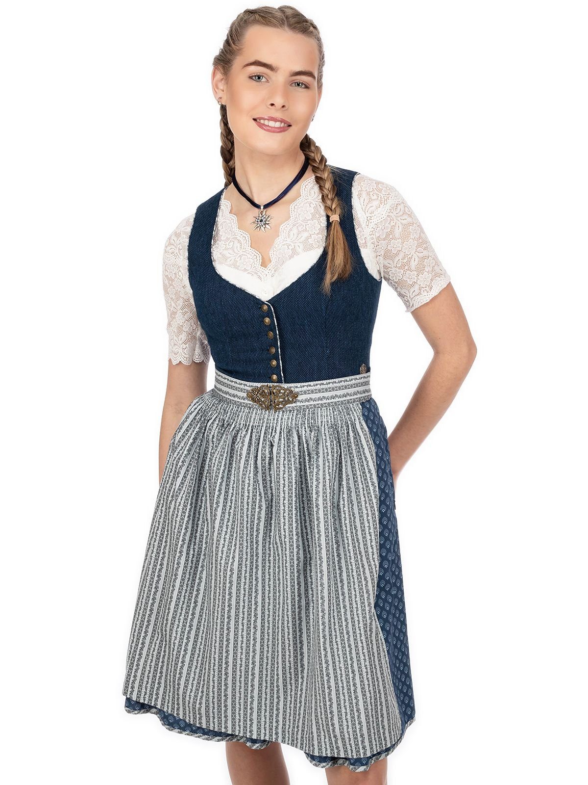 2tlg. Dirndl 65cm rauchblau ROMY Midi MarJo Trachtenkleid