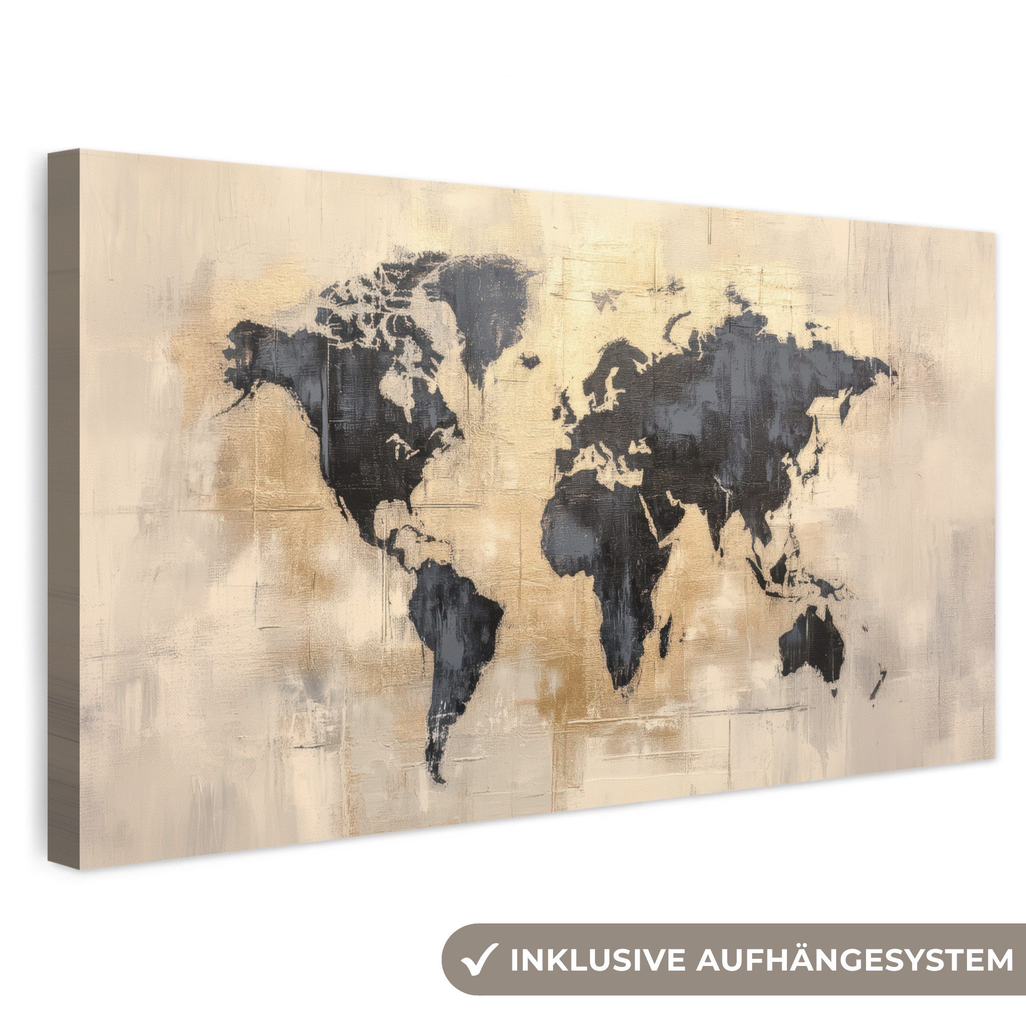 OneMillionCanvasses® Leinwandbild Panorama Weltkarte - Gold - Schwarz - Abstrakt, Fotodruck (1 St), Wandbild, Deko Schlafzimmer Wohnzimmer Flur 40x20 cm