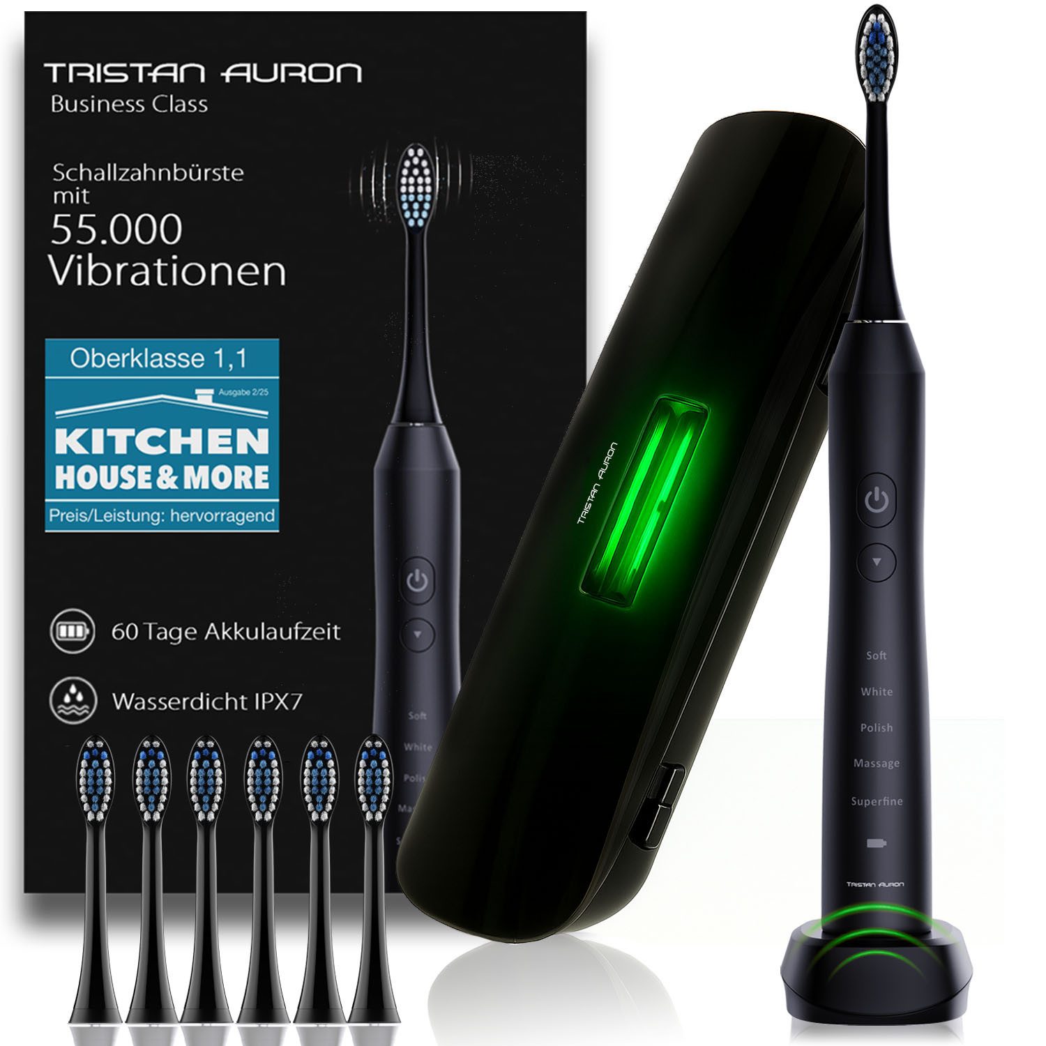 Tristan Auron Schallzahnbürste Elektrische Zahnbürste UV-Etui 55 000 VPM 2 Min Timer 60 Tage Akku, Aufsteckbürsten: 6 St., 6x Bürstenköpfe, 1x elektrische Zahnbürste, 1x UV-Case, 1xLadestation, UV Reinigungsgerät, 5 Modis, extrem leise <65db, IPX7 Wasserdicht