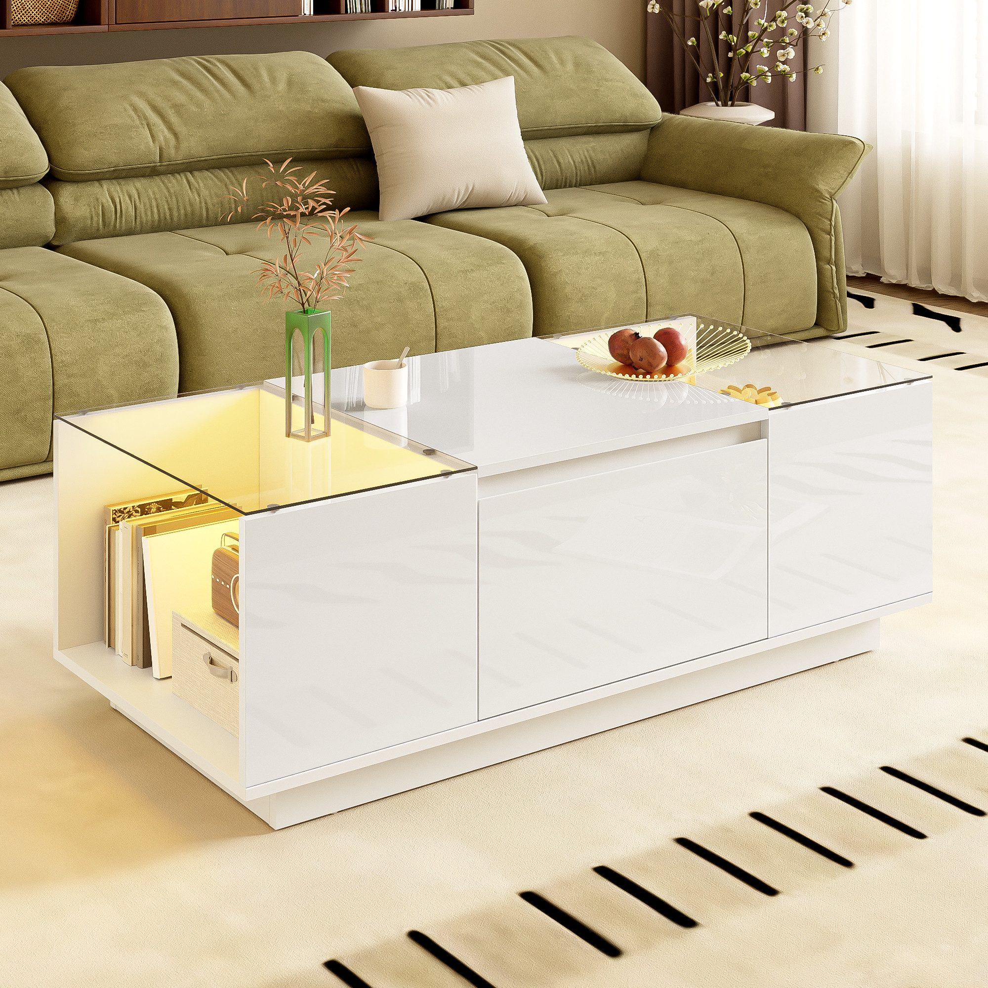 Furnishings Home Couchtisch LED Arbeitstisch Ablagetisch (105 x 50 x 35 cm), Mit LED-Beleuchtung, 2 Schubladen, Glasplatte
