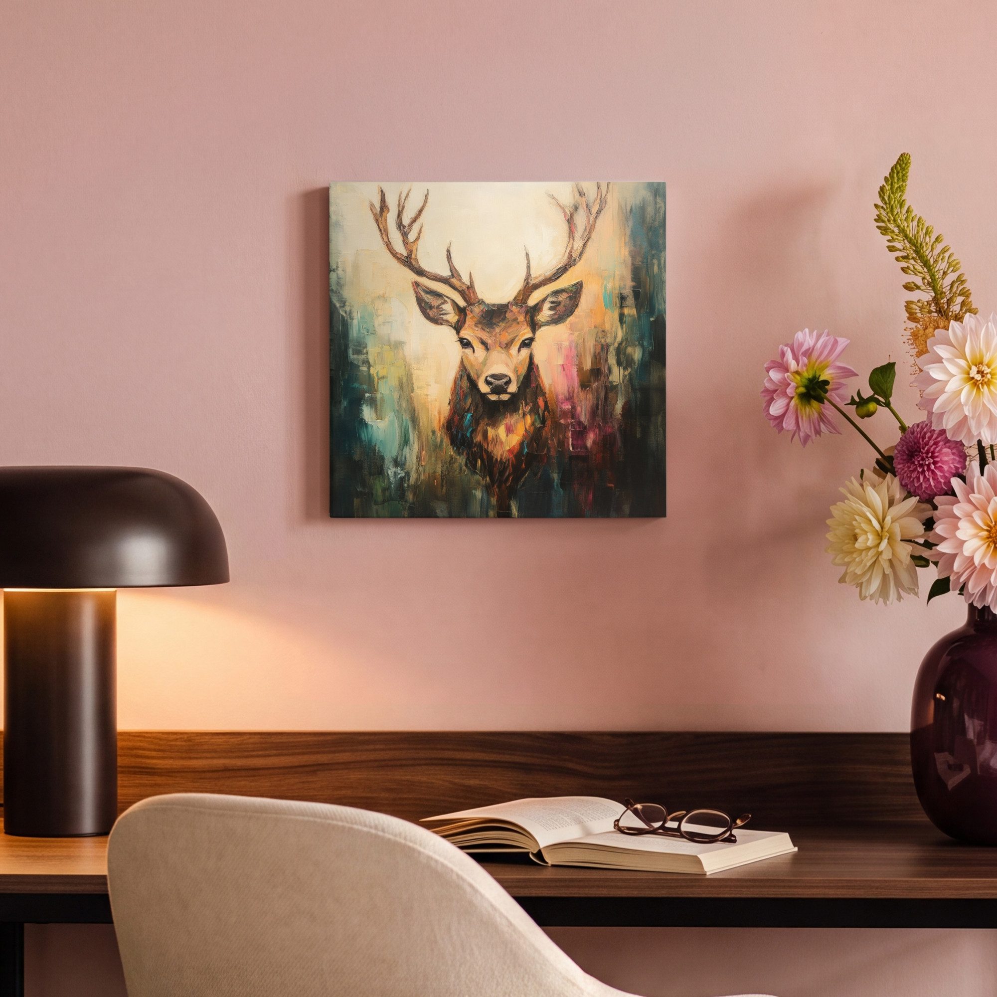 OneMillionCanvasses® Leinwandbild Hirsch - Gemalt - Geweih - Braun, Fotodruck (1 St), Wandbild, Deko Schlafzimmer Wohnzimmer Flur 20x20 cm – Bild 4 von 5