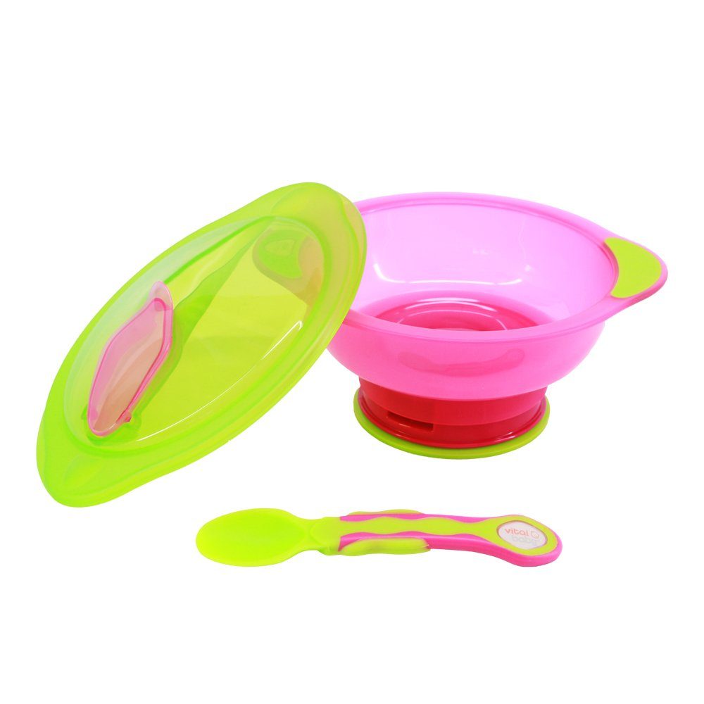 Vital Baby Teller Unbelievabowl - Teller mit Saugfuß, Deckel & Löffel pink/grün