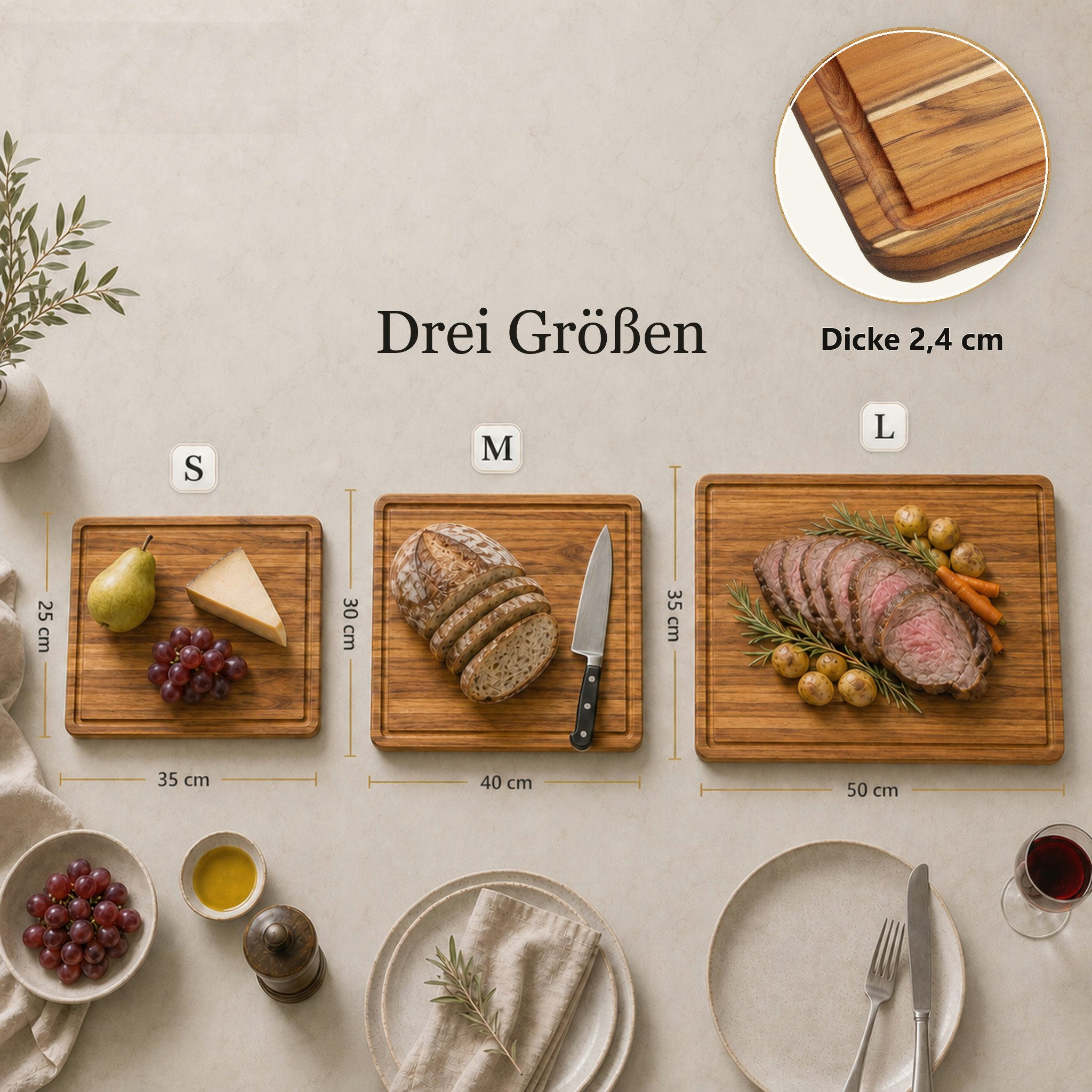 Floordirekt Schneidebrett Maison Teak Edge Grain massives Teakholz mit Saftrille Griffmulden, (Einzelartikel, 1-teilig), Naturholz,3 Größen – Bild 3 von 5