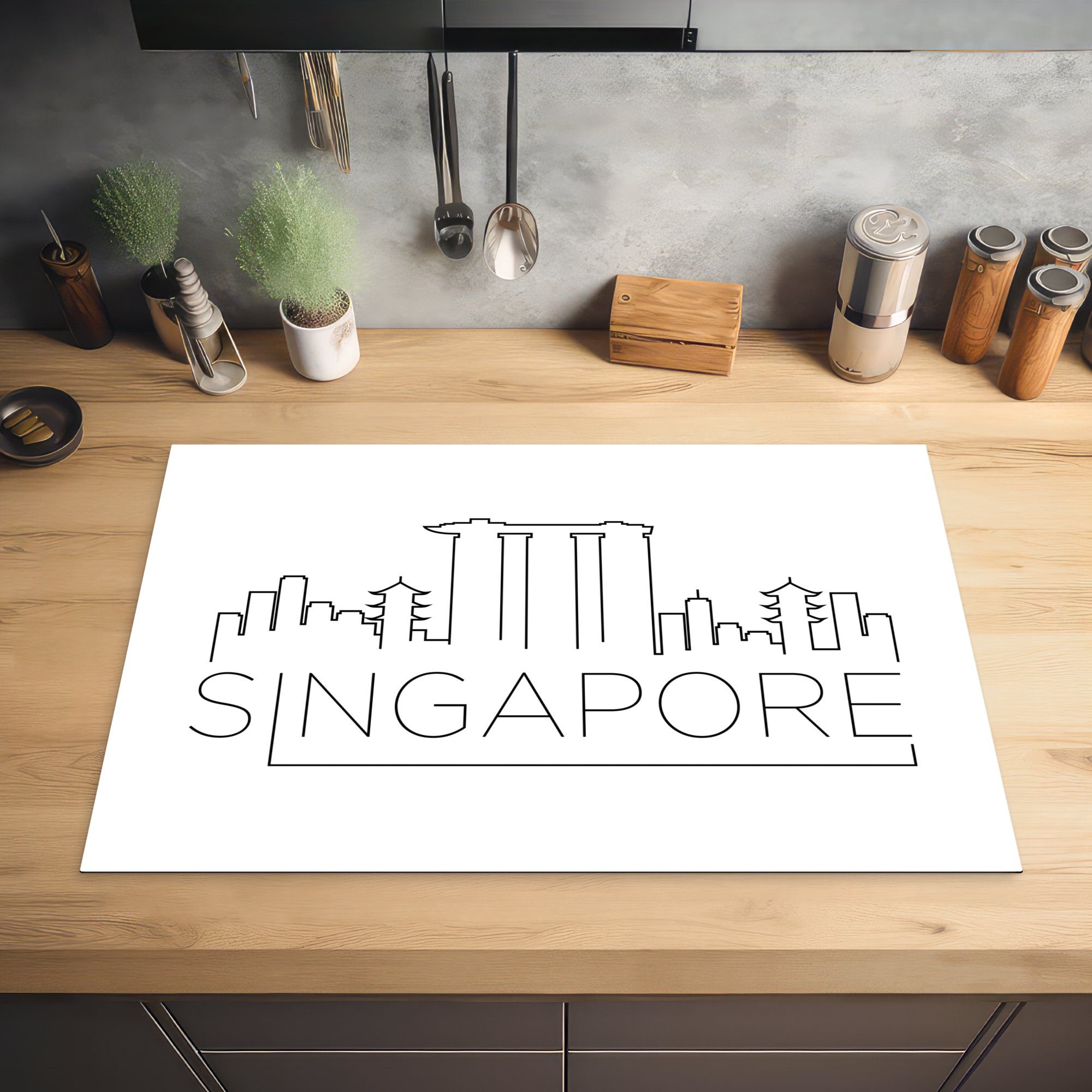 MuchoWow Herdblende-/Abdeckplatte Hintergrund, Vinyl, Schutz (1 81x52 Induktionskochfeld cm, tlg), auf Skyline Ceranfeldabdeckung küche, weißem die für "Singapur"