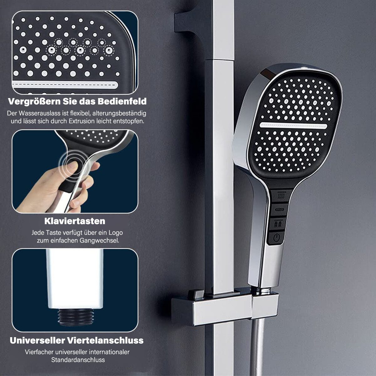 MOPUEA Handbrause Duschkopf Sparduschkopf Wassersparender Mit 8 Strahlarten Universal, (Handbrause mit innovativem 3+1-Tasten-Design und 8 Strahloptionen, Massa – Bild 2 von 5