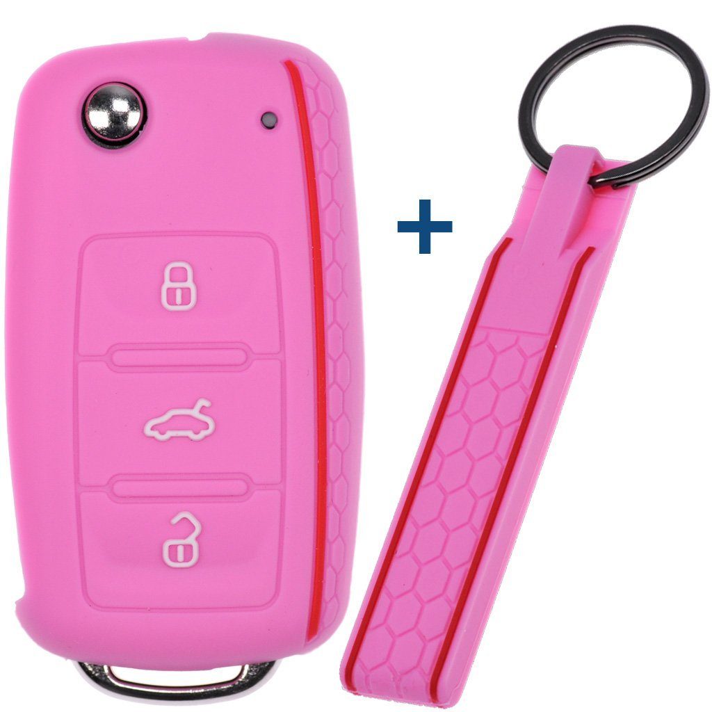 mt-key Schlüsseltasche Autoschlüssel Silikon Schutzhülle mit passendem Schlüsselband, für VW SEAT Skoda Golf 6 Octavia UP Leon ab 11/2009 3 Tasten Rosa