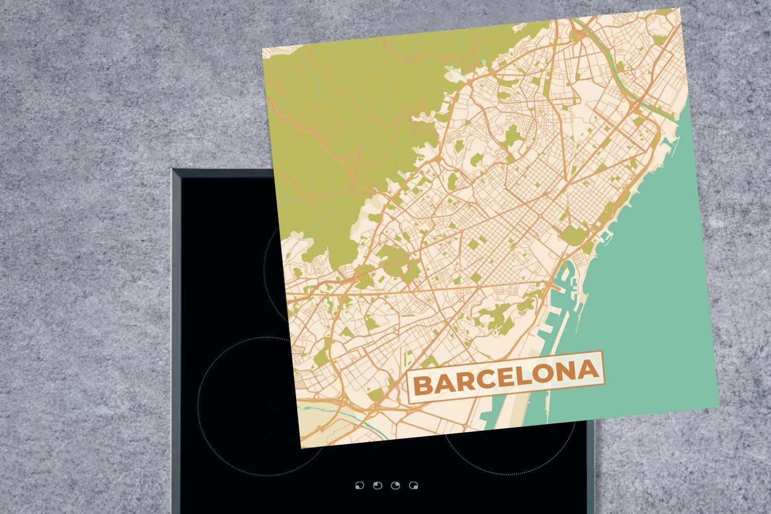Vintage, Arbeitsplatte (1 - tlg), für cm, 78x78 Barcelona Herdblende-/Abdeckplatte - - Stadtplan küche Ceranfeldabdeckung, Karte Vinyl, MuchoWow