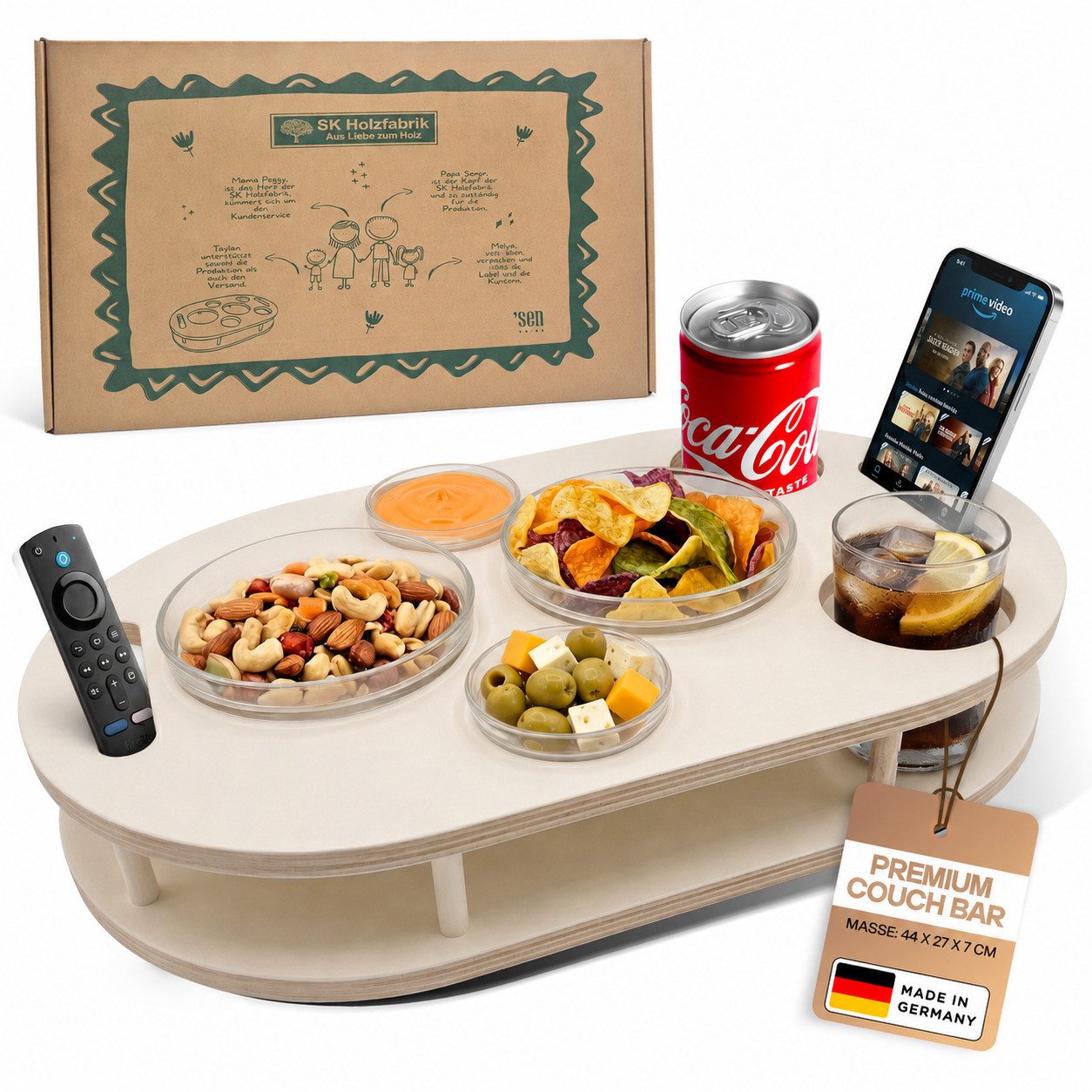 PEGSEN Servierplatte Couchbar Snackbox mit 4 Snackschalen Couch Tablett, Birkenholz, (Set, 5-tlg., 4x Glasschalen), Getränke & Snacks stehen stabil